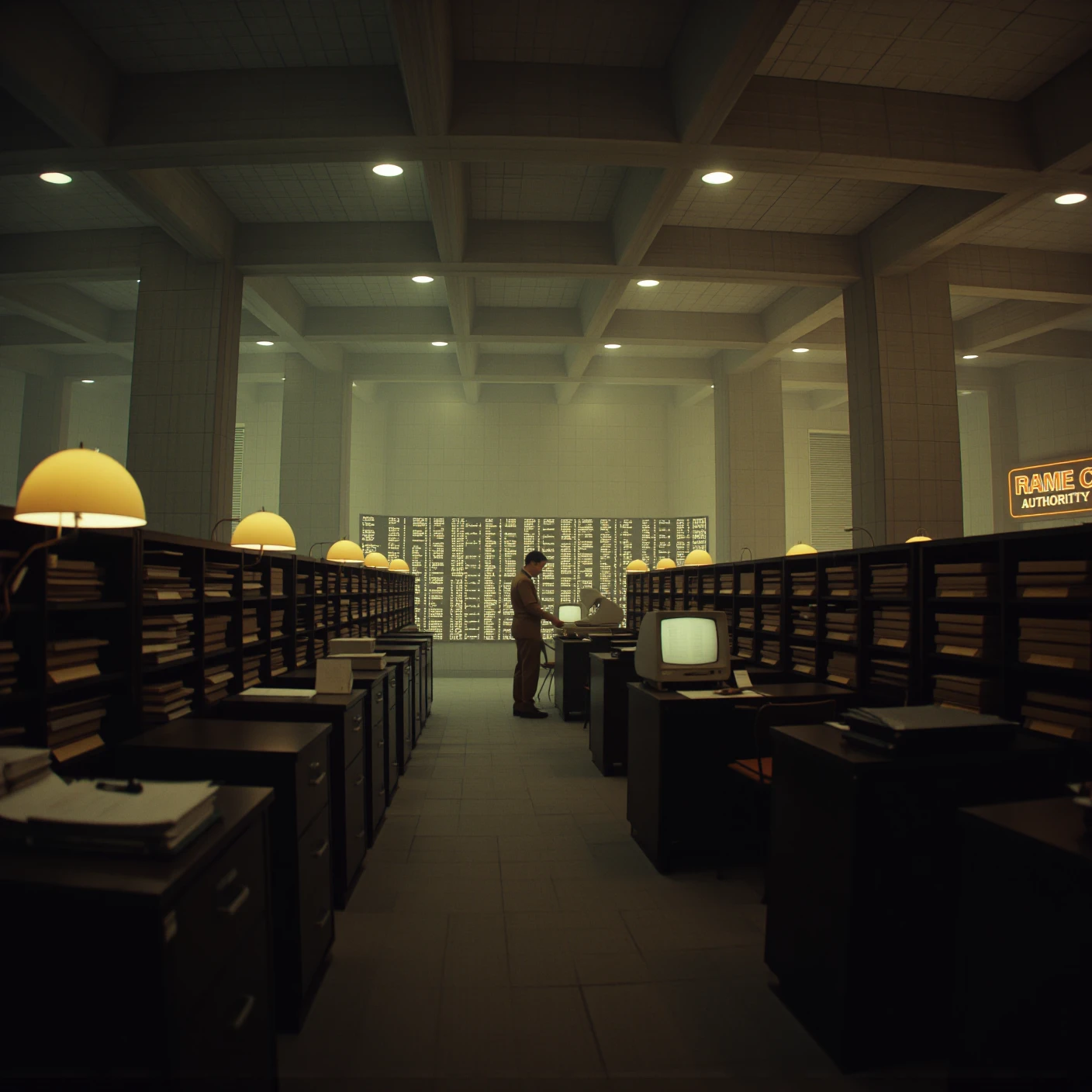 Dimly Lit Records Archive in the Time Variance Authority Design Style
Imagine a cavernous archive where rows of towering filing cabinets stretch into the darkness, bathed in the dim glow of scattered amber desk lamps. The Brutalist concrete walls are stained with time, their rough textures catching the faint flicker of a malfunctioning CRT monitor displaying scrolling, cryptic data. The air is thick with dust and the scent of aged paper, while worn-out clerks in mustard-colored uniforms flip through endless files beneath the hum of flickering, burnt-orange neon signage.
