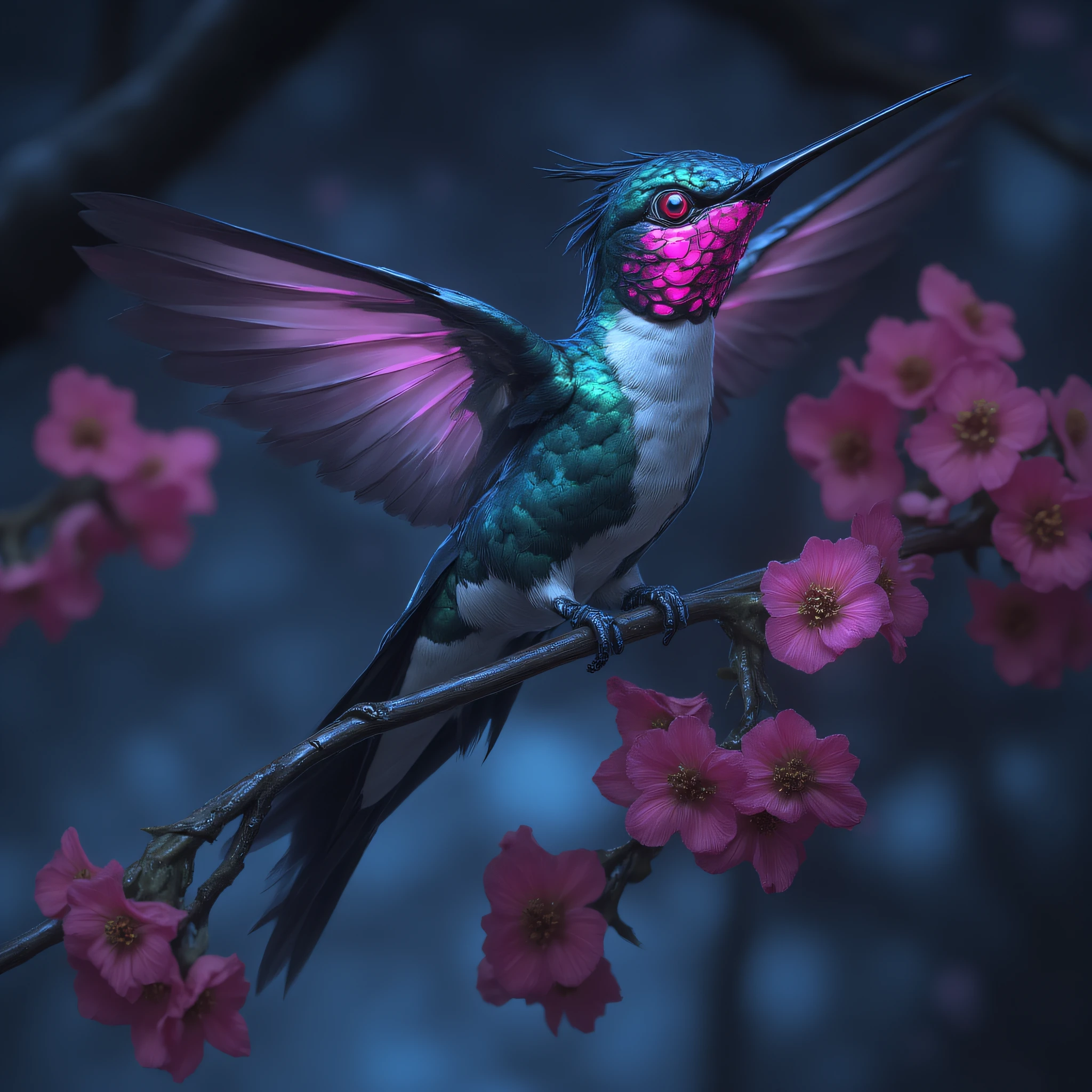 ArsMJStyle, Crimson Luminary, The image shows a hummingbird perched atop a tree branch with pink flowers against a backdrop of a night sky. The bird is animated giving the image a lively and vibrant feel., no humans, flower, bird, pink flower, flying, animal focus, branch, blurry, wings, animal