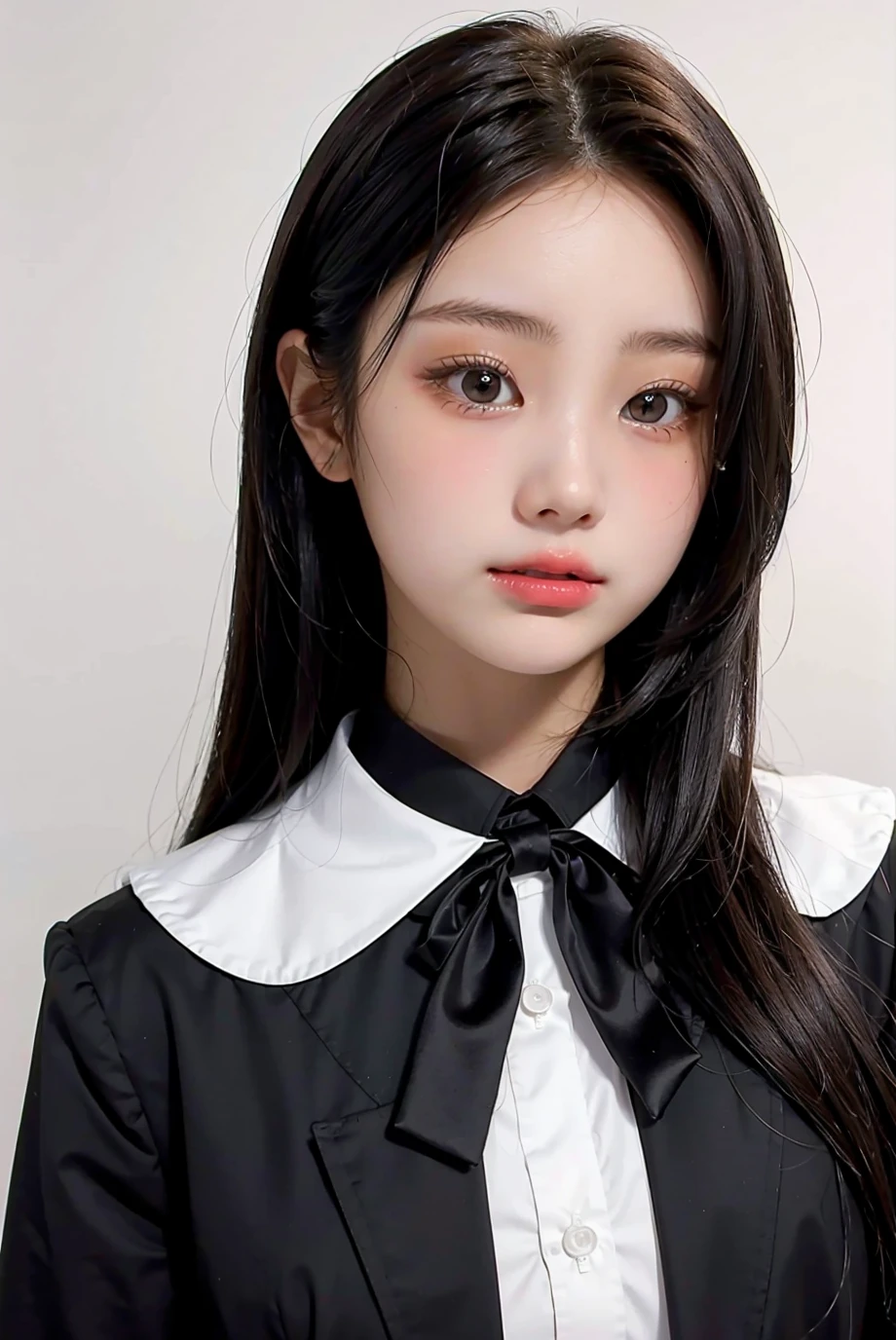 1girl, black random formal attire, white background, <lora:Illit_wonhee-02:1>