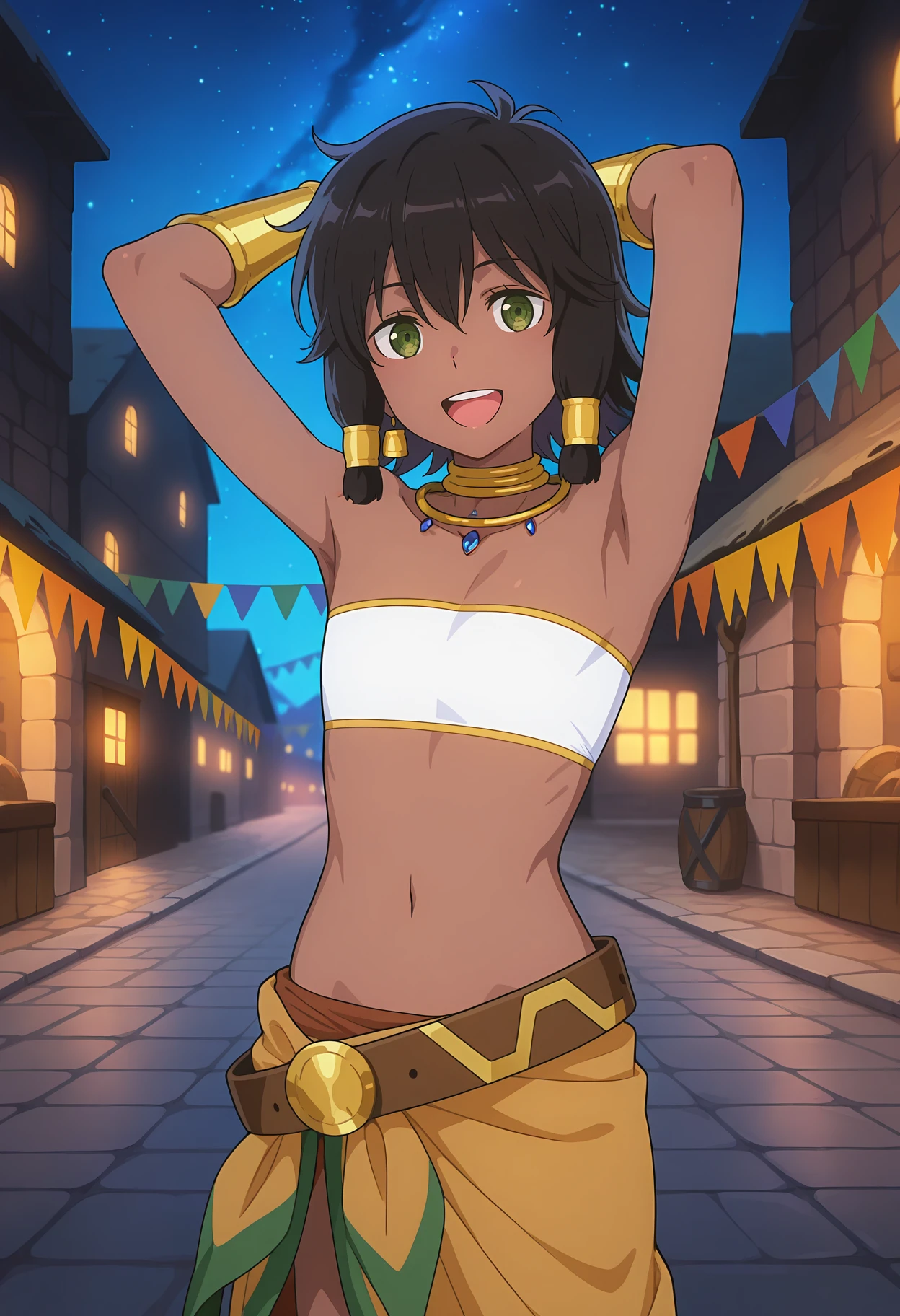 anime screencap, masterpiece, best quality,
<lora:DanMachi_TionaHiryute_IlluXL:0.9>,
1girl, open mouth, smile, upper teeth only,
dark skin, short hair, hair tubes, black hair, green eyes, earrings,
TionaHiryute, neck ring, necklace, white bandeau, flat chest, bracer, loose belt, sarong,
arms behind head, standing, looking at viewer, cowboy shot,
outdoors, night, starry sky, street, medieval, fantasy, string of flags