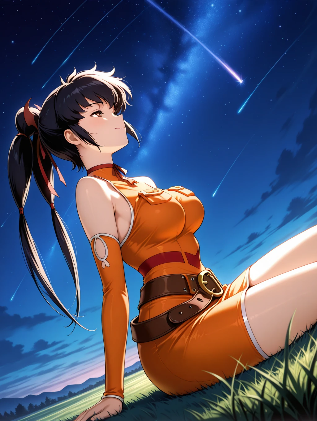 masterpiece,best quality,amazing quality,absurdres, perfectly-draw,<lora:LisaPacifistXLv1-001:0.8>, 1girl, lisapacifist, black hair, brown eyes, hair up, high ponytail with low tied twintails, orange tube-dress with detached sleeves, red ribbon-choker, pockets on chest, red stripes on waist, brown belt with gold buckle, smile, half-closed eyes, (((dynamic pose, dynamic action, dynamic angle))), grasslands, night, starry sky, sitting, looking up at the stars, shooting star, facing away, <lora:illustriousXL_stabilizer_v1.7:1>