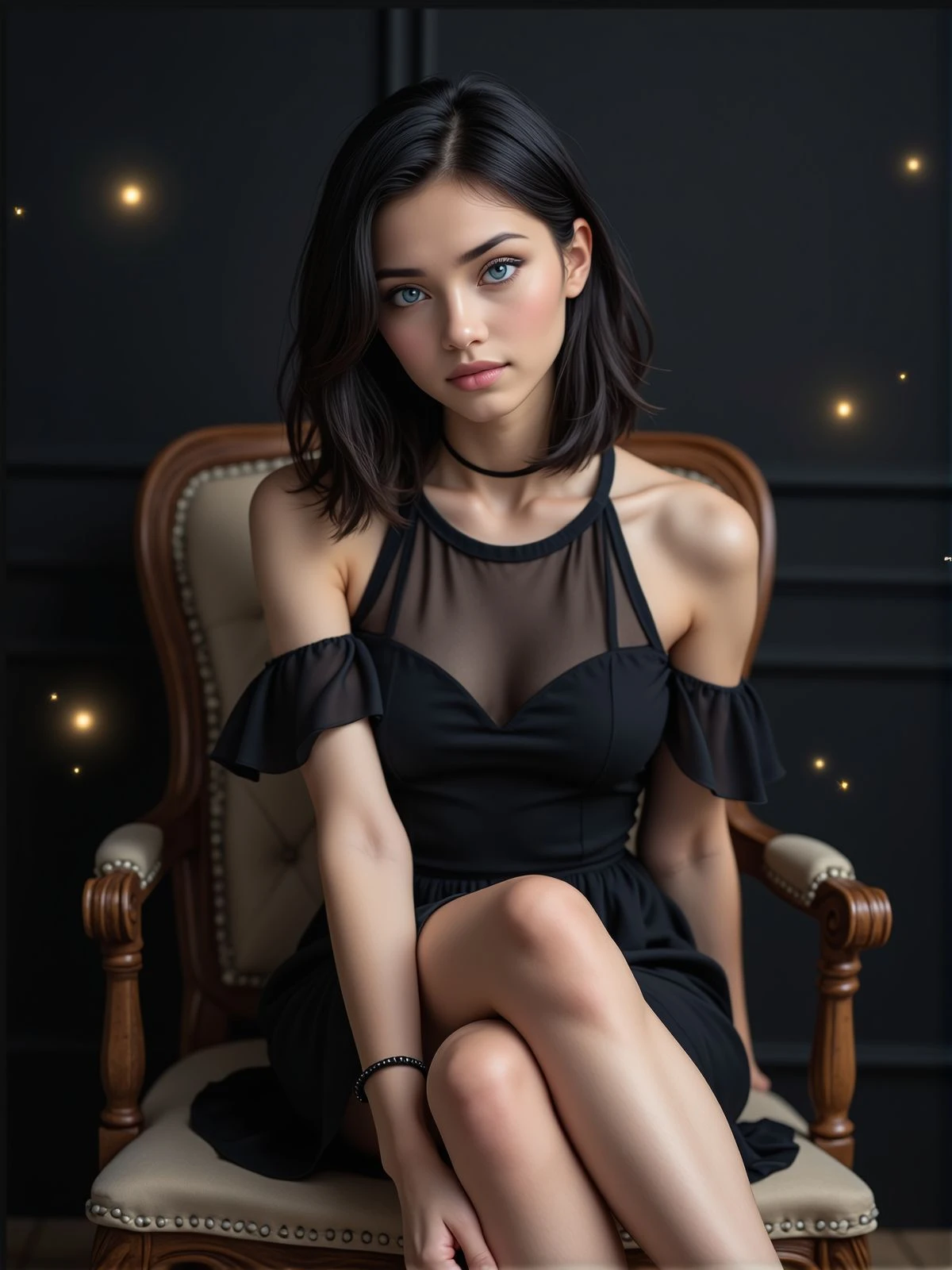 Sharp detailed photography of a young woman, sit on a chair, crossed legs. Close. She is looking at the viewer and wearing an elegant dress and a choker. Bracelet. Detached sleeves. There are a black wall behind her and magical floating particles. <lora:woomy-1-flux:1> blue eyes, black hair, medium hair,