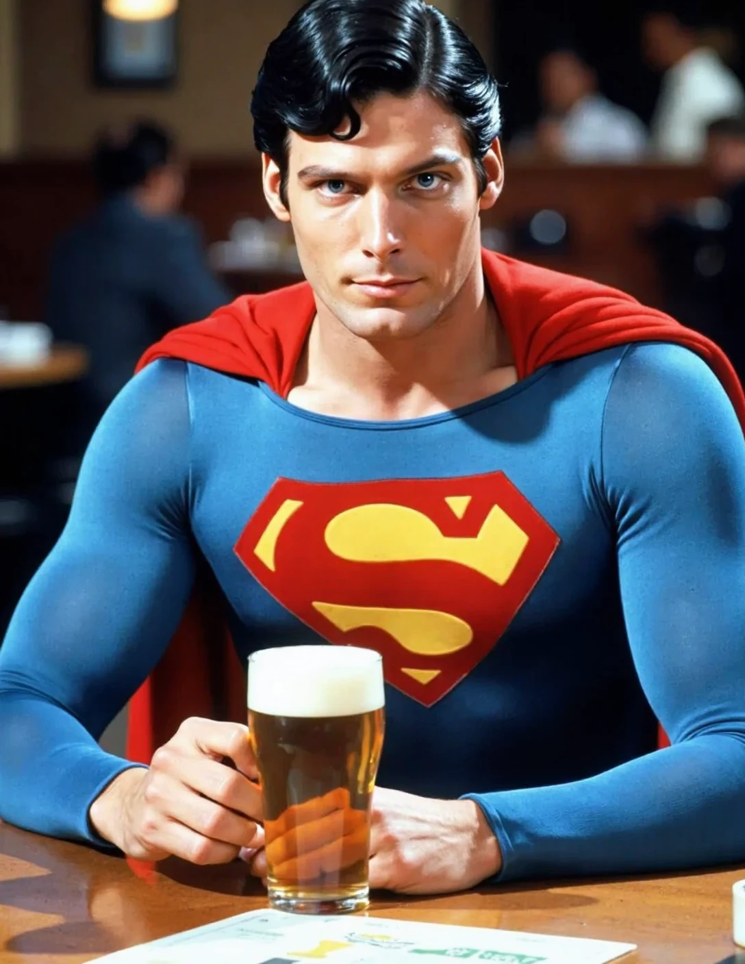 Superman sitting at a table with a glass of beer. The background is blurred, emphasizing the man and the bier.