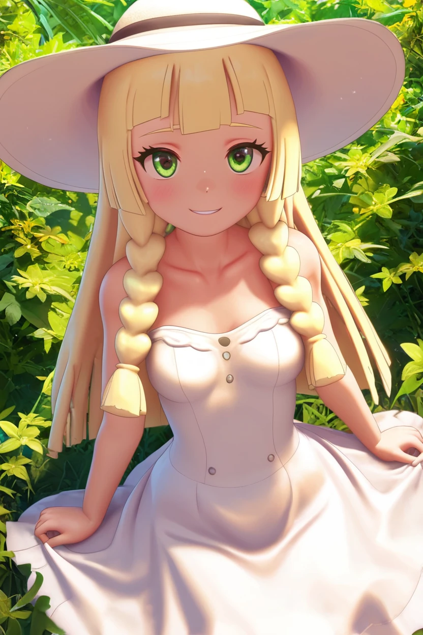 score_9, score_8_up, score_8, medium breasts, (curvy), cute, eyelashes, BREAK, , BREAK, zzlillie, long hair, braid, sun hat, white headwear, collarbone, sleeveless dress, white dress, <lora:Lillie_PonyXL:0.8>,, <lora:CustomUdon_PDXL:1.0>, , BREAK, smile, looking at viewer, cowboy shot, embedding:zPDXL, Expressiveh, <lora:SDXLFaeTastic2400:0.5>, <lora:Expressive_H-000001:0.4>,