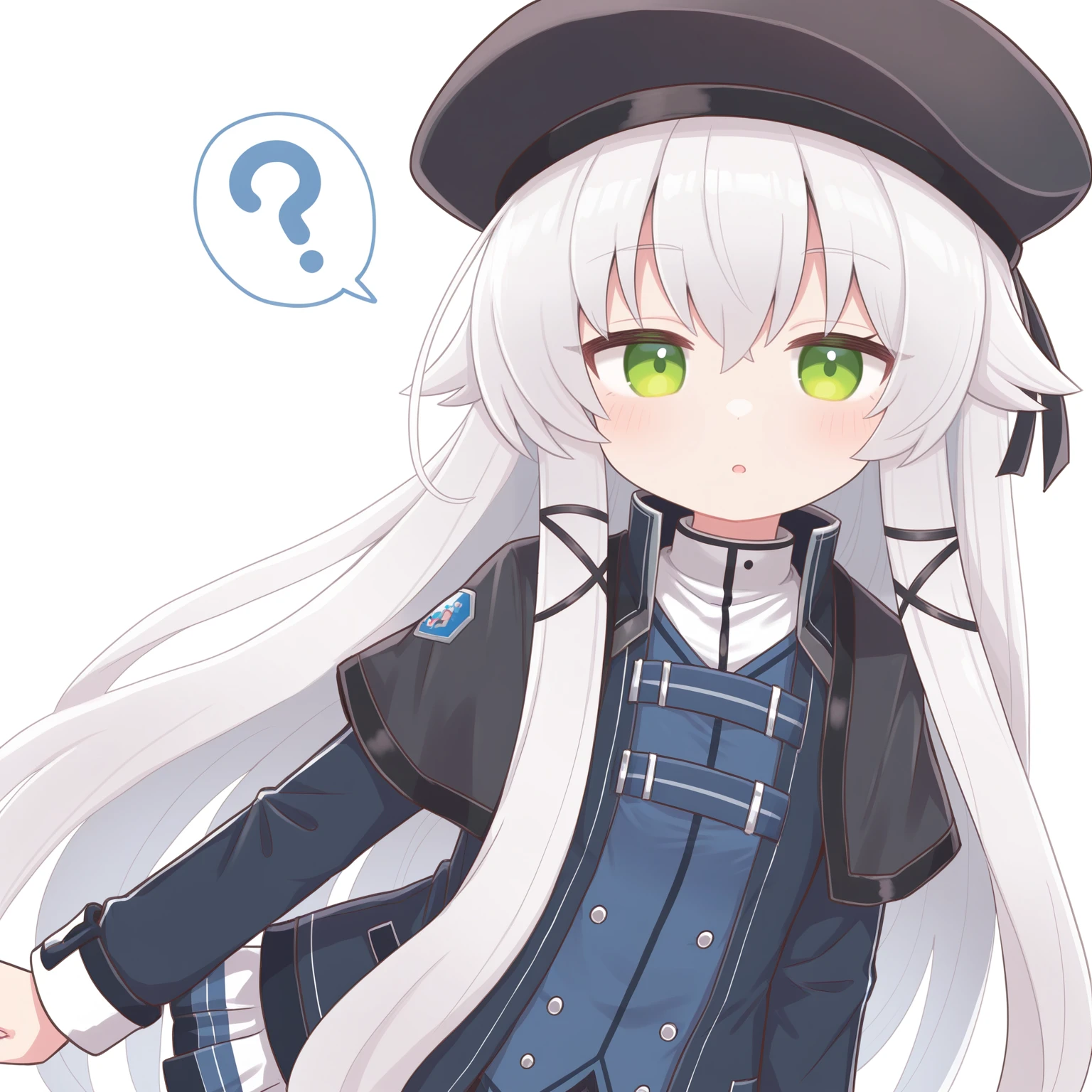 masterpiece, best quality, amazing quality, very aesthetic, absurdres, (naga_u:0.7), (subaru \(subachoco\):0.4), (e.o.:0.4)
1girl, solo,
<lora:AltinaOrionThors_Illustrious:1>, Altina Orion, white hair, long hair, sidelocks, tress ribbon, green eyes, flat chest, black hat, beret, blue shirt, school uniform, skirt,
white background, simple background, , confused, question mark, looking at viewer , , ,, cute, looking at viewer