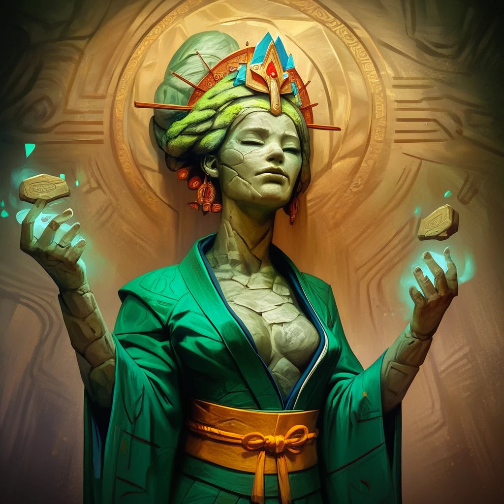 score_9, score_8_up, score_7_up, masterpiece, best quality, newest, absurdres, highres, 1girl, EarthelementalIL-V1.0, stone skin, stone, kimono, green kimono,