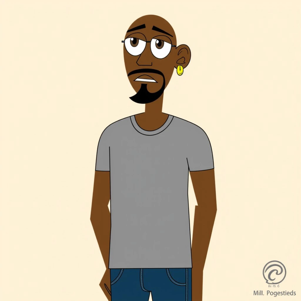 1boy, dark-skinned male, bald, facial hair,goatee, brown eyes,single earring, round eyewear, glasses, t-shirt, grey shirt, short sleeves,jeans,ch art style,upper body,hands out of frame