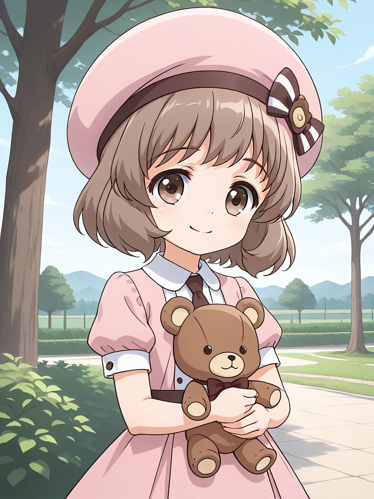 general,highres, ultra-detailed,very aesthetic,best quality ,best hands, BREAK <lora:Amatsuka_Sakura_IS:1>
AmatsukaSakura, 1girl,solo, brown hair, short hair, brown eyes, bangs, hat, chibi, 2020s (style), anime coloring, teddy bear,
smile, looking at viewer, dress, necktie, short sleeves, pink dress, closed mouth, upper body, beret, pink headwear, collared dress, puffy sleeves, puffy short sleeves,
outdoors, tree, day,