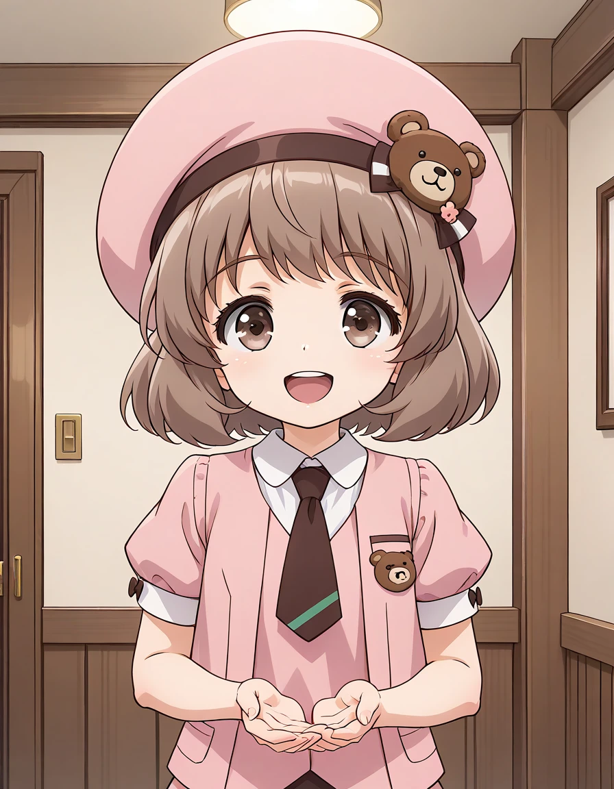 general,highres, ultra-detailed,very aesthetic,best quality ,best hands, BREAK <lora:Amatsuka_Sakura_IS:1>
AmatsukaSakura, 1girl,solo, brown hair, short hair, brown eyes, bangs, hat, 2020s (style), anime coloring, smile, chibi, pink hat, beret, bear patch,
1girl, solo, necktie, smile, open mouth, looking at viewer,
upper body, short sleeves, shirt, :d, pink shirt, vest, teeth, collared shirt, upper teeth only,
room,