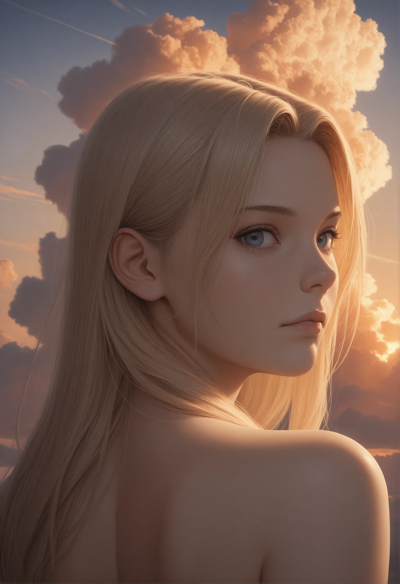 realistic 2.5D \(style\), masterpiece, best quality, 1girl, face, portrait, looking at viewer, closed mouth, sunset, cumulonimbus cloud, blonde, sideparted hair, looking at viewer, detailed eyes,
back view, over the shoulder view, dynamic motion,