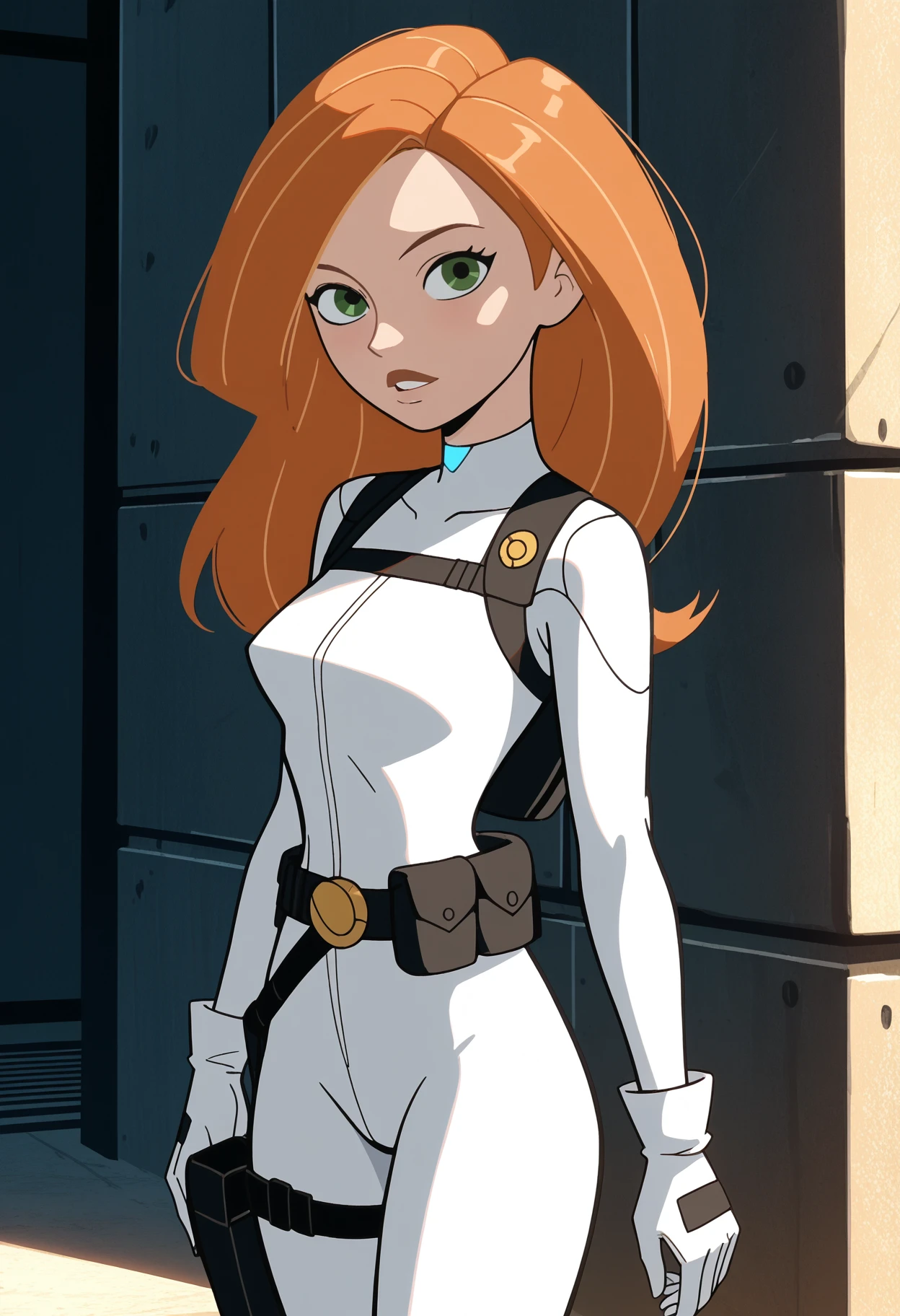 score_9, score_8_up, score_7_up, score_6_up, <lora:NM_kp_kimberly:1>, BREAK NM_kp_kimberly, 1girl, solo, green eyes, long hair, orange hair, breasts, bodysuit, white bodysuit, belt, holster, gloves, looking at viewer