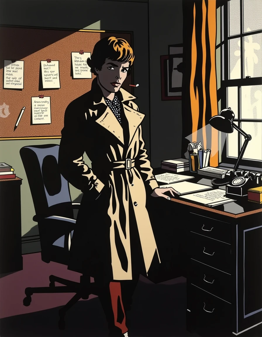 a dilchtnstn style pop art drawing drawing, <lora:Roy-Lichtenstein_v20-000037:1>, A confident detective in a trench coat leaning against an old-fashioned desk, a lit cigarette in hand, the desk cluttered with case files and a rotary phone, light from a single desk lamp casting dramatic shadows, a corkboard covered with pinned evidence in the background, medium shot, side angle