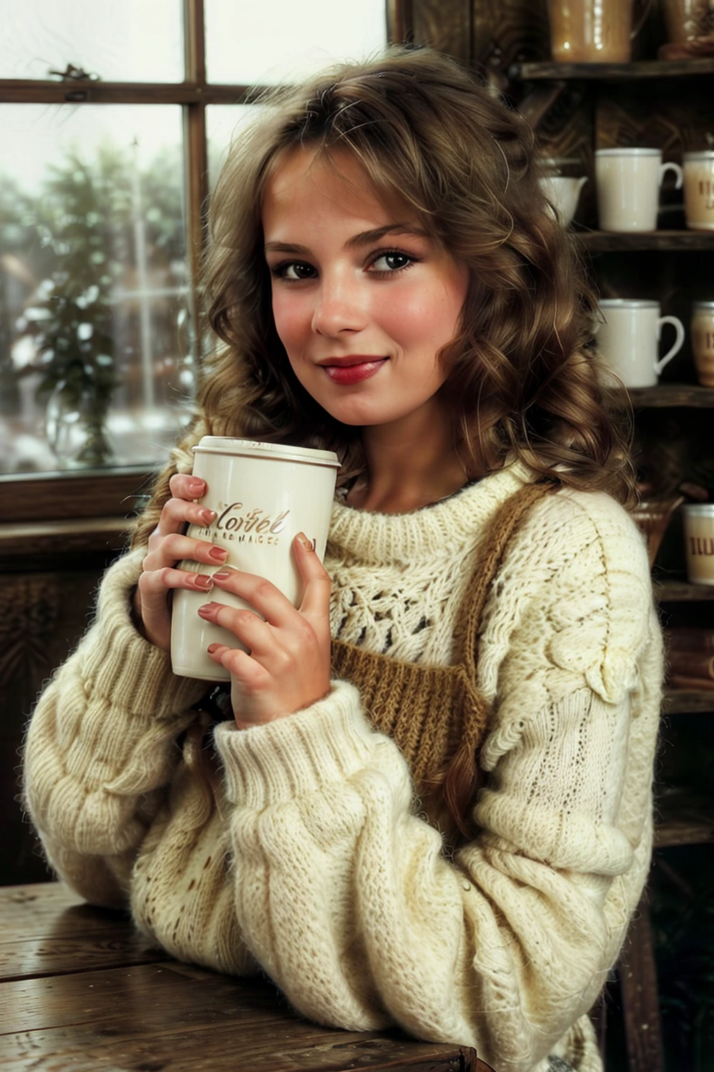 Arafed woman in a sweater holding a cup of coffee - SeaArt AI