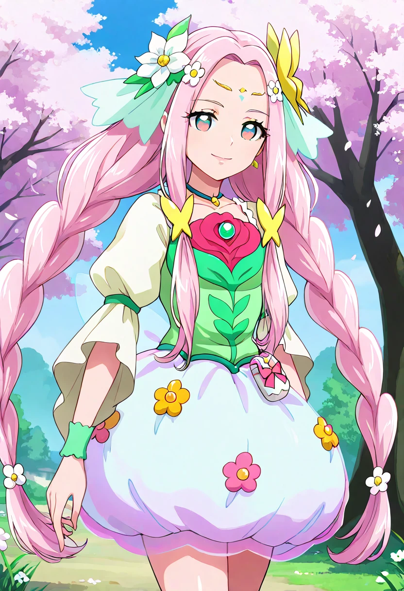 masterpiece, best quality, absurdres, very aesthetic, general,
cure felice, 1girl, solo, pink hair, flower in eye, hair flower, twin braids, smile, cherry blossoms, looking at viewer, multicolored eyes, wrist cuffs, pink eyes, very long hair, tree, green choker, symbol in eye, bubble skirt, multicolored, closed mouth, standing, cowboy shot, twintails, butterfly hair ornament, pink flower, sidelocks, ribbon, white flower, pouch, outdoors, flower-shaped pupils, wristband, pink bow, eyelashes, shiny hair, earrings, light smile, floating hair, puffy short sleeves, white skirt, hair intakes, green eyes, happy, parted bangs, brooch, arms at sides, braided ponytail, petals, forehead mark, long braid, symbol-shaped pupils, yellow flower, green dress, white dress, day, flower, circlet, gradient eyes,
<lora:cure_felice_hanami_kotoha_illustXL_locon_v1:0.7>