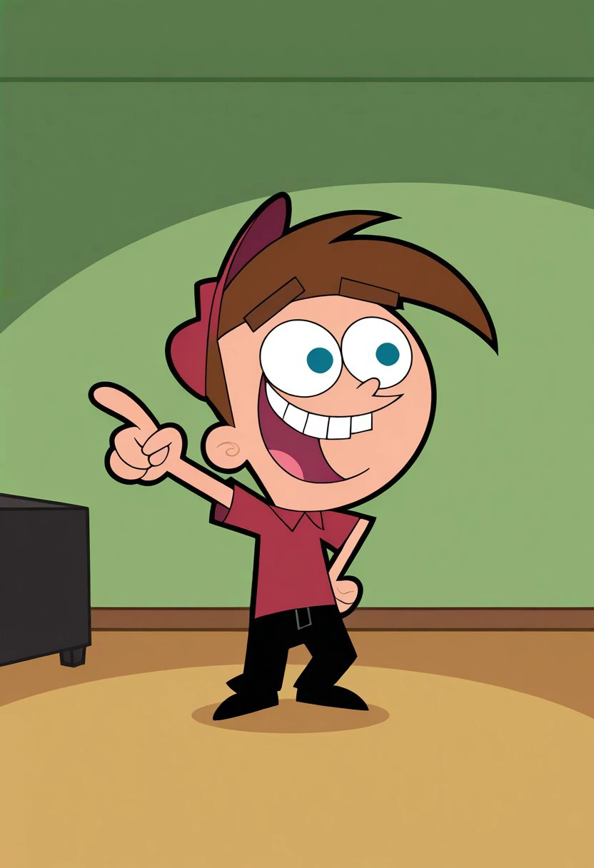 score_9, score_8_up, score_7_up, score_6_up, score_7_up,source_cartoon BREAK timmyt, 1boy,chibi, solo, smile, brown hair, blue eyes, pointing, shirt, red shirt, open mouth, pants, teeth, hat, index finger raised, BREAK indoors,bedroom