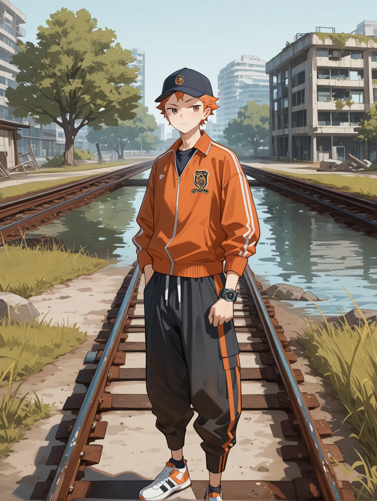 HinataShoyoCYQL,1boy,male focus,solo,short hair,orange hair,brown eyes,Track jacket, Logo tee, Jogger pants, Athletic sneakers, Sport watch, Baseball cap,frown,looking_away,
BREAK
scenery,outdoors,ruins,railroadtracks,water,tree,building,rust,grass,,
BREAK
usnr,748cmstyle,<lora:USNR STYLE_XL_loha:0.45>,<lora:spo_sdxl_10ep_4k-data_lora_webui:0.6>,<lora:illustrious_all_rated_v1:0.6>,<lora:748cmSDXL:0.6>,<lora:illustrious_quality_modifiers_masterpieces_v1:0.8>,<lora:HinataShoyoCYQL:1>,
perfect quality,high quality,masterpiece,best quality,amazing quality,very aesthetic,absurdres,newest,