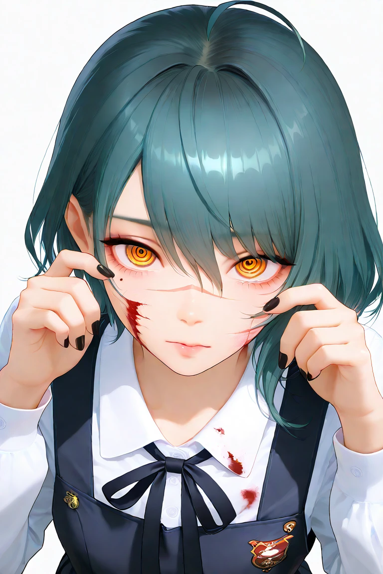 masterpiece,best quality,amazing quality,very absurdres,aesthetic,newest,impactful picture,offcial art,movie perspective,
tamaki \(doa\),mole,mole under eye,medium hair, hair between eyes, asymmetrical bangs, ahoge,black nails,
blood, black hair, white background, school uniform, simple background, long hair, scar on face, scar, looking at viewer, scar on cheek, shirt, ribbon, orange eyes, blood on clothes, white shirt, ringed eyes, blood on face, collared shirt, bangs, dress, long sleeves, neck ribbon, pinafore dress, upper body, black ribbon, yellow eyes
<lora:doa_tamaki_noobxl_vpred10_v10:1.0>