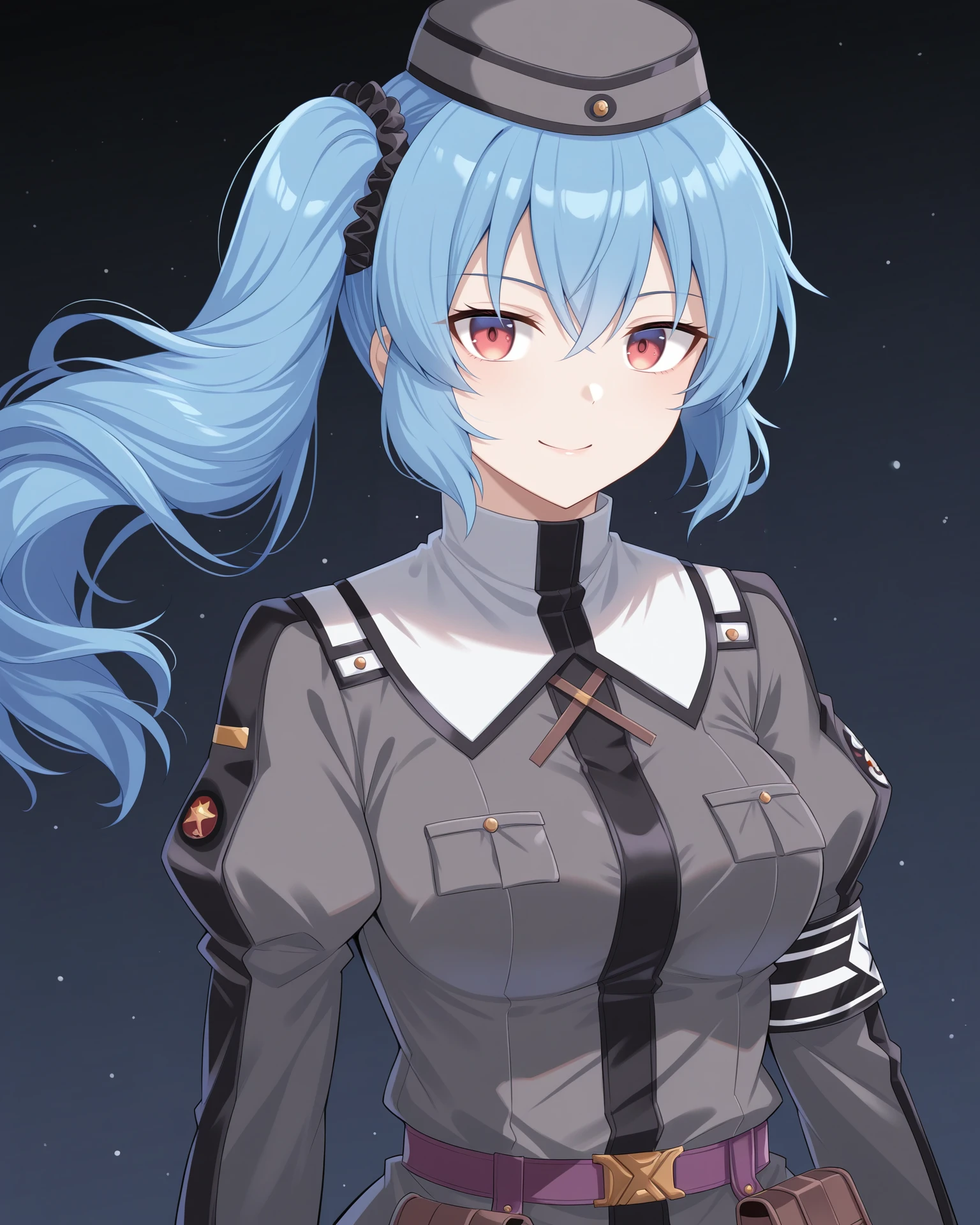 score_9, score_8_up, score_7_up, 1girl, looking at viewer, arm_hehind_head, determined, blue hair, uneven twintails, textured bangs, amber eyes, purple band uniform, flat chest, covered nipples, sunbeam, waterpark <lora:AOIN_PonyXL_style_v01:1>