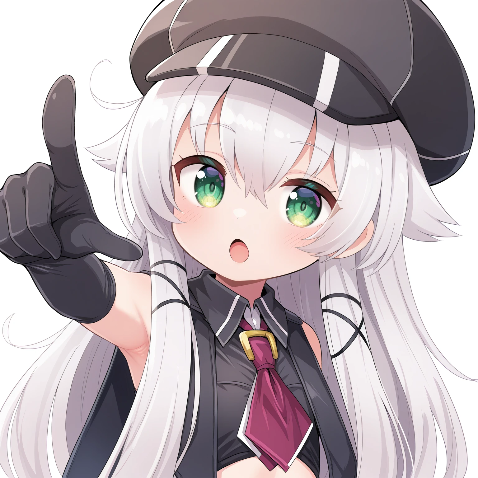 masterpiece, best quality, amazing quality, very aesthetic, absurdres, (naga_u:0.7), (subaru \(subachoco\):0.4), (e.o.:0.4)
1girl, solo,
<lora:AltinaOrionCS4_Illustrious:1>, Altina Orion, white hair, long hair, sidelocks, green eyes, flat chest, cabbie hat, sleeveless black top, purple necktie, black elbow gloves, white shorts, black thigh boots,,
white background, simple background, upper body, portrait, upper body, portrait, soyjacks, pointing, open mouth, looking at viewer, <lora:soyjacks:0.75>, looking at viewer , cute,