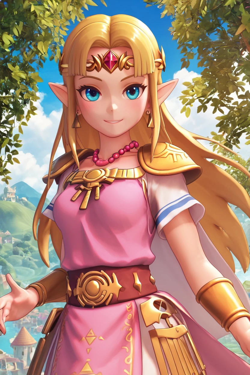 score_9, score_8_up, score_8, medium breasts, (curvy), cute, eyelashes, BREAK, , BREAK, <lora:UltimatePrincessZelda_PDXL_v1:0.8>, zzUZelda, blonde hair, jewelry, dress, pink tabard, triforce, circlet, armor, earrings, necklace, shoulder armor, tiara,, <lora:CustomUdon_PDXL:1.0>, , BREAK, smile, looking at viewer, cowboy shot, embedding:zPDXL, Expressiveh, <lora:SDXLFaeTastic2400:0.5>, <lora:Expressive_H-000001:0.4>,