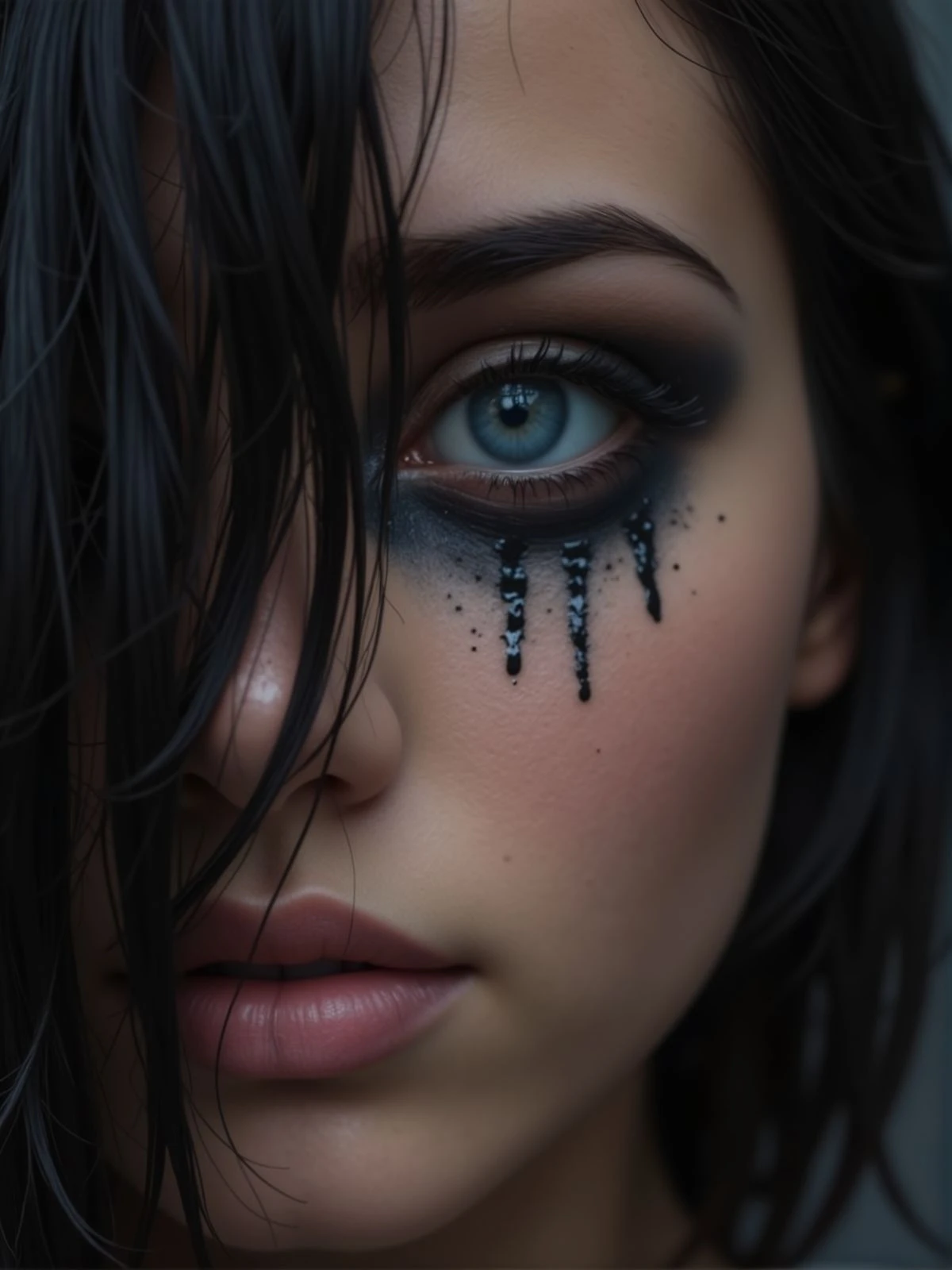 Sharp close shot of a young woman eye. Sad, running tears, crying, running make up, painted cheeks, black liquid paint. Rain. Wet. There are a black wall behind her. <lora:woomy-1-flux:1> blue eyes, black hair, medium hair,