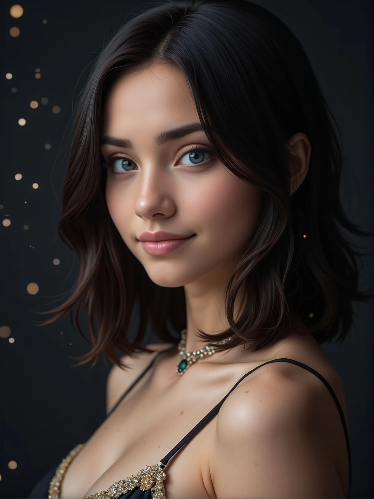 Sharp detailed photography of a young woman, side view. She is looking at the viewer and wearing an elegant dress and a choker. Close portrait. She is smiling. There is a black wall behind her and magical floating particles. <lora:woomy-1-flux:1> blue eyes, black hair, medium hair,