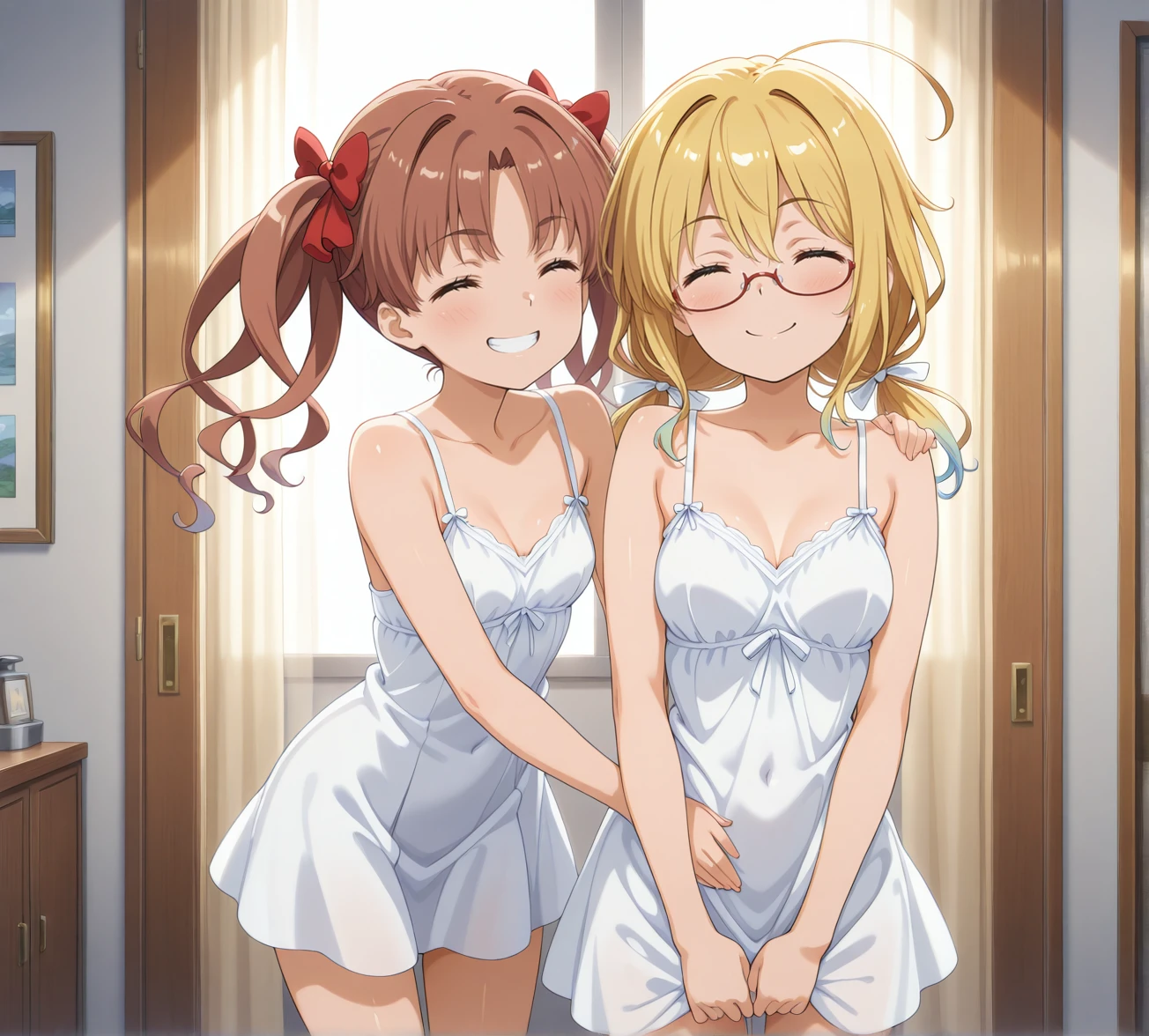 Inside,(night),Japanese-style room,On the futon,Rika Jougasaki,Yellow and orange hair hoop, yukata,undressing,blush,,blush,(naked),((Small breasts)), smile,spread her pussy