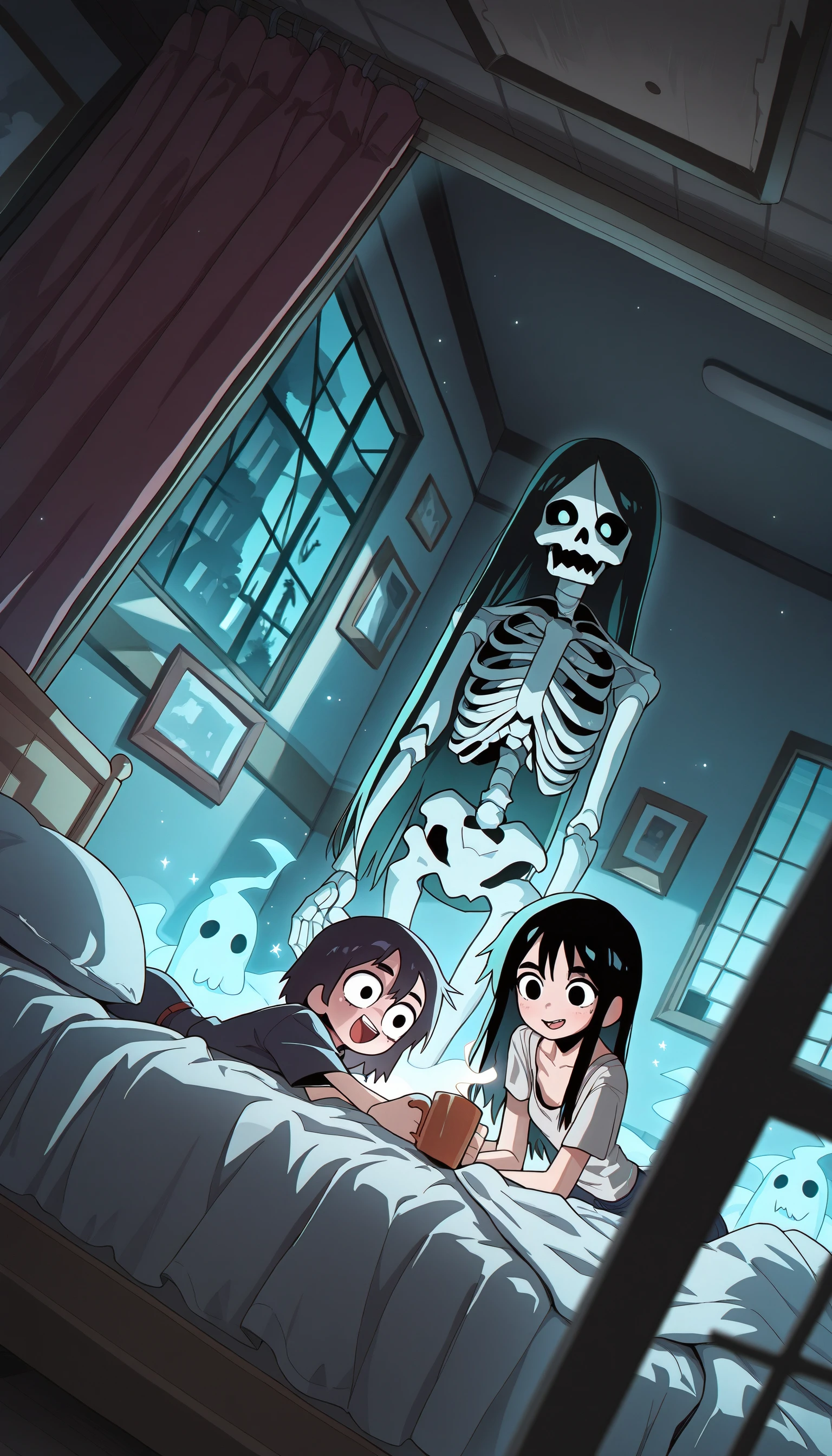 (masterpiece, cowboy_shot, masterpiece, best quality, amazing quality, very aesthetic, absurdres, newest, scenery, volumetric lighting, HDR, chiaroscuro, vignetting, dutch angle, depth of field, soft luminescent glow))
((3ldritchW0rld, multiple girls, 2girls, cat, long hair, black hair, cup, skeleton, bed, short hair, sitting, window, open mouth, lying, smile, ghost))