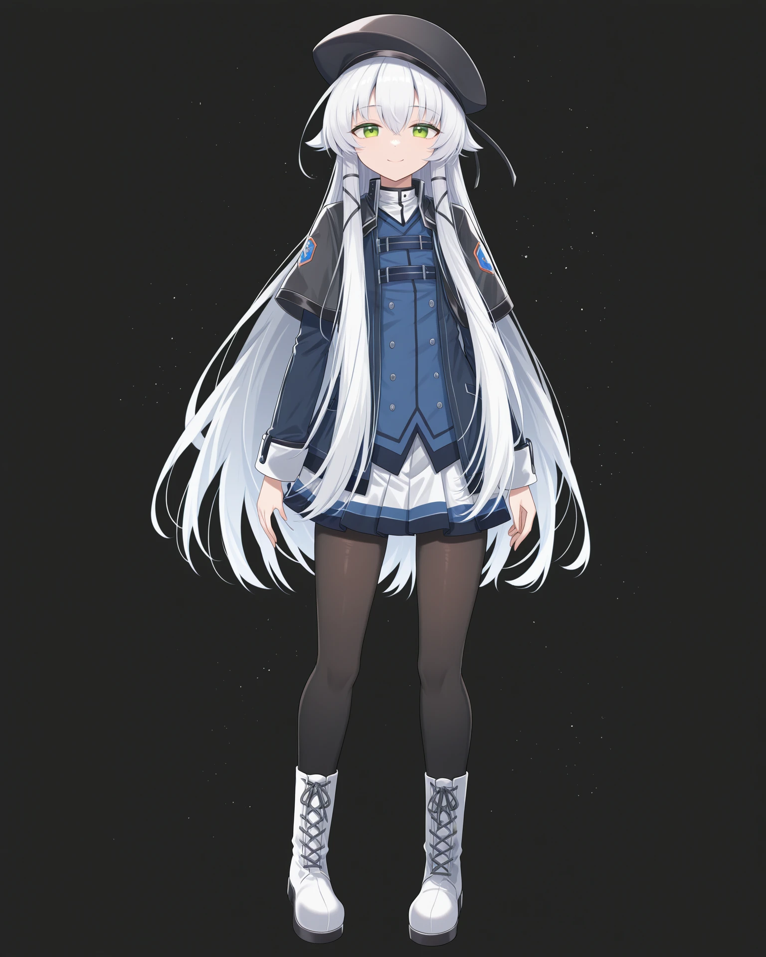 masterpiece, best quality, amazing quality, very aesthetic, absurdres, (by e.o.:0.7), (by chiharu \(9654784\):0.4), (by racoon-kun.:0.4),
1girl, solo,
<lora:AltinaOrionThors_Illustrious:1>, Altina Orion, white hair, long hair, sidelocks, tress ribbon, green eyes, flat chest, black hat, beret, blue shirt, school uniform, skirt, black pantyhose, white boots,
simple background, black background, particles, full body, standing
looking at viewer, smile,