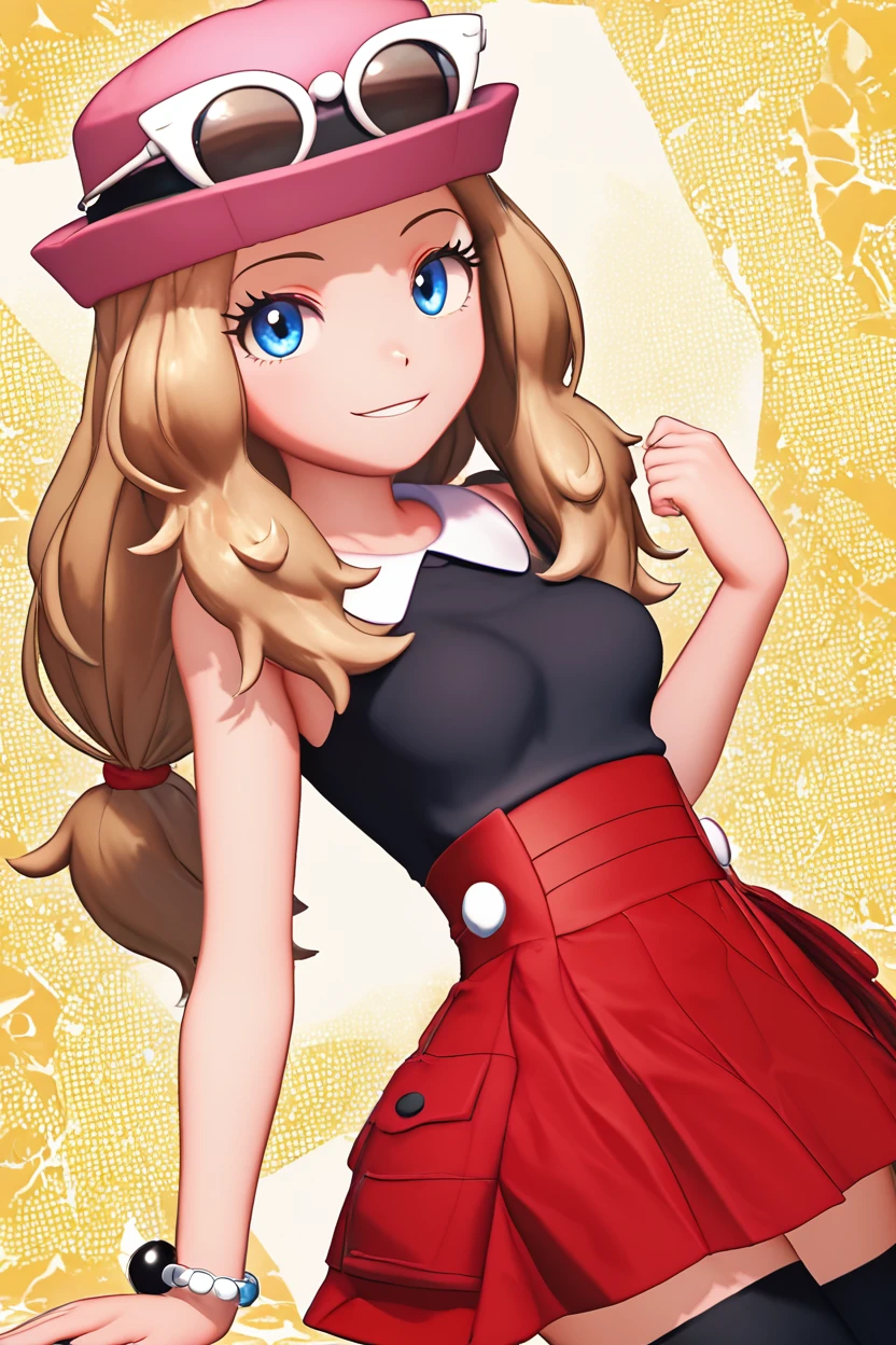 score_9, score_8_up, score_8, medium breasts, (curvy), cute, eyelashes, BREAK, , BREAK, zzSerena, solo, long hair, blue eyes, eyewear on headwear, pink headwear, eyelashes, sleeveless shirt, black shirt, bracelet, high-waist skirt, red skirt, black thighhighs,<lora:SerenaPokemon_PDXL_r1:0.8>, <lora:CustomUdon_PDXL:1.0>, , BREAK, smile, looking at viewer, cowboy shot, embedding:zPDXL, Expressiveh, <lora:SDXLFaeTastic2400:0.5>, <lora:Expressive_H-000001:0.4>,