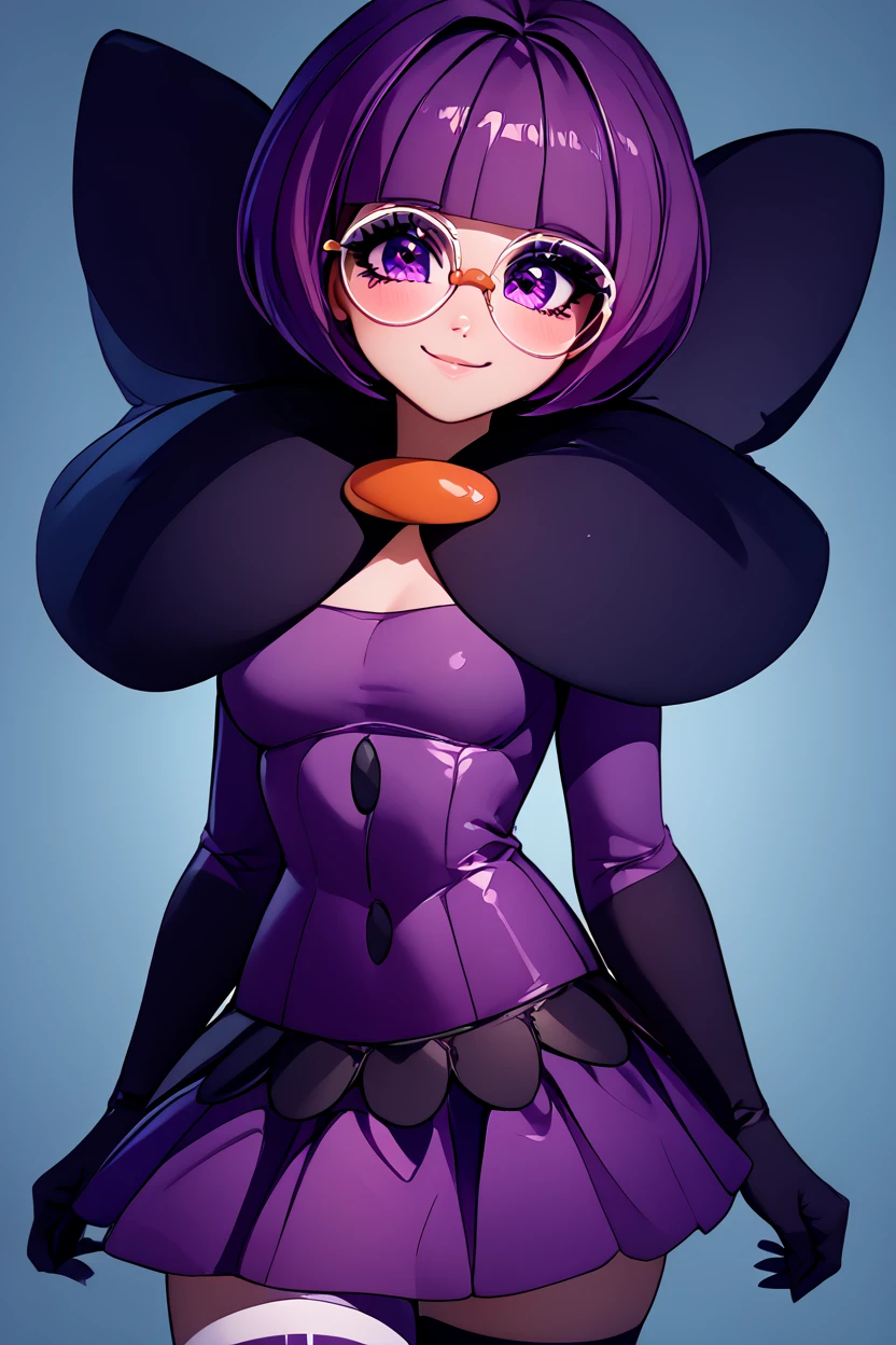score_9, score_8_up, score_8, medium breasts, (curvy), cute, eyelashes, ,,, , ,,, zzShauntal, purple eyes, bob cut, glasses, round eyewear, short hair, blunt bangs, purple hair, elbow gloves, purple skirt, skirt, bow, dress, large bow, <lora:Shauntal_Pokemon_PDXL:1.0>, ,,,, BREAK, closed mouth, alternate costume, smile, looking at viewer, blush, ,,, zzLFashion, frilled dress, frills, bow, dress, striped thighhighs, sweetL, cowboy shot, ,,, embedding:zPDXL, Expressiveh, ,,, <lora:Vivid:0.7>, <lora:LFashionPDXL:1>, <lora:Uncensored_PonyXL_cpt_v02.09:0.4>, <lora:Expressive_H-000001:0.4>,