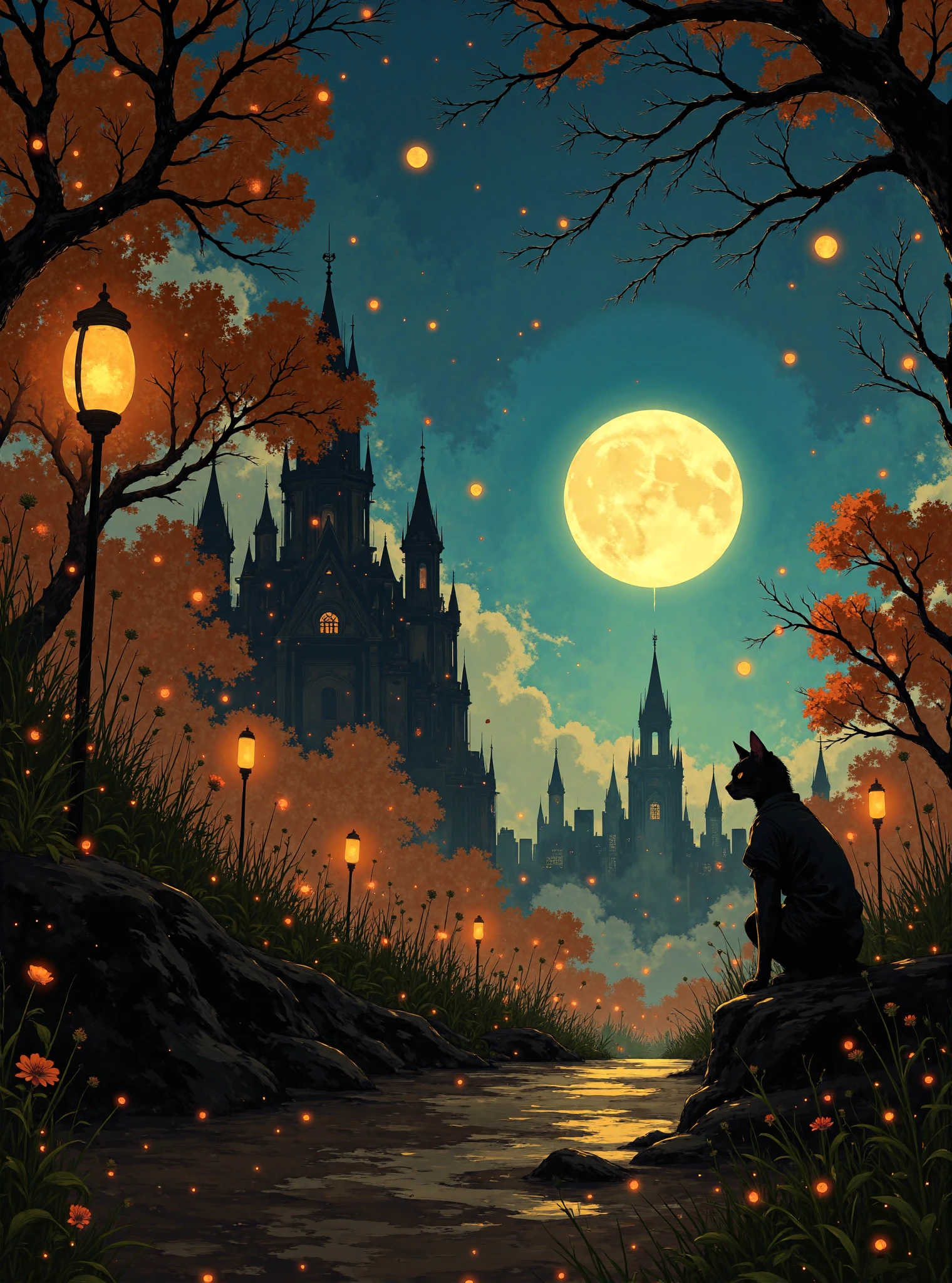 A mesmerizing night scene in a fantasy village, illuminated by the soft, warm glow of vintage lanterns hanging on ornate iron posts. The cobblestone path is scattered with fallen orange leaves, reflecting the golden light of the lanterns. A black cat is sitting on a stone ledge in the foreground, its silhouette sharply defined against the glowing atmosphere. The cat gazes toward the distance where the full moon shines brightly in a clear, star-filled sky, creating a magical ambiance.
The background features the rooftops of rustic stone houses and a village skyline with pointed spires, softly lit by scattered warm lights from windows. The scene is surrounded by autumnal trees with vivid orange leaves, their branches stretching into the frame, framing the moon beautifully. Numerous small floating lanterns are scattered throughout the scene, glowing like fireflies, adding an ethereal touch to the environment.
The art style is highly detailed and painterly, with rich textures on the stone and subtle gradients in the sky. The atmosphere is serene yet mystical, with an enchanting interplay of warm and cool tones. The perspective draws the viewer into the scene, capturing the magic of an autumn evening in a quiet, fantastical village.
<lora:ì묵í_No2:0.8>
