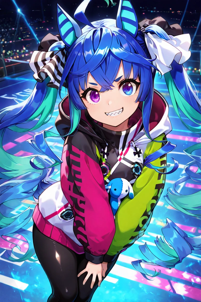 masterpiece, best quality, solo, curvy, beautiful eyes, zztwinturbo, aqua hair, twintails, heterochromia, purple eyes, blue eyes, sharp teeth, multicolored hoodie, black leggings, <lora:TwinTurboUmaMusumeIXL:1.0>, from above, dynamic pose, cowboy shot, smile, looking at viewer, shiny skin,