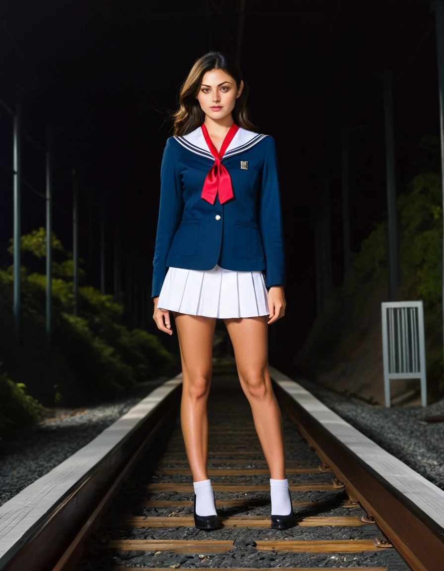 a girl in a school uniform is standing on a train track,japanese school uniform,kantai collection style,wearing japanese school uniform,japanese girl school uniform,sailor uniform,girl wearing uniform,shot on sony a 7,<lora:zavy-cntrst-sdxl:1>,dark,chiaroscuro,low-key,, masterpiece, best quality, prompt ., (Height, Approximately 5 feet 7 inches (170 cm), tall and graceful presence:1), (Build, Slim and toned, with a naturally elegant and proportionate figure, effortless beauty:1), (Hair, Dark brown hair, often worn long and wavy, hair has a healthy, glossy texture, sometimes styled in casual, beachy waves or sleek, straight looks:1), (Eyes, Hazel-green eyes, large and expressive, depth and brightness, gaze is captivating:1), (Skin, Fair to lightly tanned complexion, with a natural, radiant glow, skin tone complements her dark hair and hazel eyes, adding to her striking appearance:1), <lora:Phoebe Tonkin:0.89>, Phoebe Tonkin