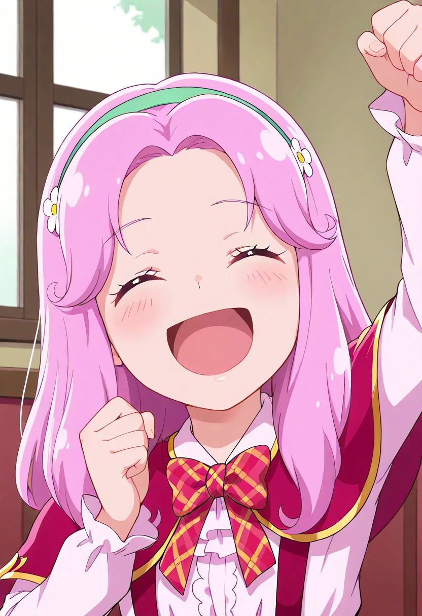 masterpiece, best quality, absurdres, very aesthetic, general,
hanami kotoha, magic school uniform, mgcschl uniform, 1girl, solo, pink hair, closed eyes, open mouth, long hair, smile, school uniform, hair flower, upper body, :d, bowtie, indoors, blush, window, ^ ^, long sleeves, happy, arm up, clenched hand, white shirt, dojikko pose, plaid bow, pink neckwear, green hairband, hair intakes, facing viewer, laughing, capelet, anime coloring, pink bow, shiny hair, eyelashes, white flower, parted bangs, red neckwear, hand up, ^o^, suspenders, raised fist, plaid bowtie, red bow
<lora:cure_felice_hanami_kotoha_illustXL_locon_v1:0.7>