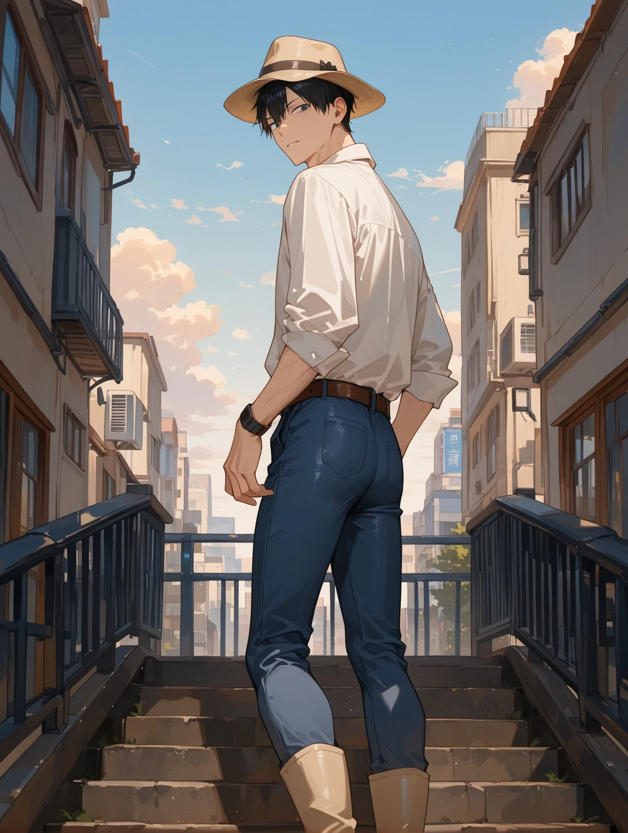 KageyamaTobioCYQL,<lora:KageyamaTobioCYQL:1>,1boy,male focus,solo,black hair,black eyes,Linen button-up shirt, Slim-fit jeans, Suede desert boots, Woven belt, Fedora hat, Leather bracelet,frustrated,looking_back,
BREAK
scenery,cloud,outdoors,building,sky,cloudysky,cityscape,city,stairs,airconditioner,railing,day,window,skyscraper,bluesky,,
BREAK
<lora:spo_sdxl_10ep_4k-data_lora_webui:0.5>,<lora:illustrious_all_rated_v1:0.6>,<lora:748cmSDXL:0.8>,748cmstyle,<lora:DarkerThanBlackIllustrious:0.5>,<lora:EtherSDXL:0.5>,EtherStyle,
perfect quality,high quality,masterpiece,best quality,amazing quality,very aesthetic,absurdres,newest,