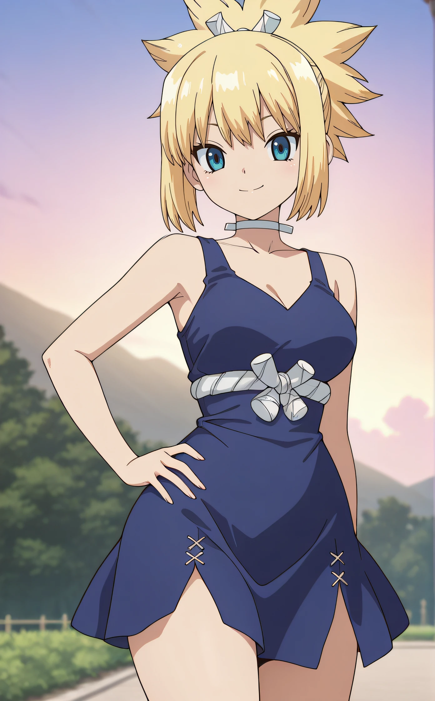 masterpiece, best quality, highres, newest, 1girl, solo, official style, anime screncap, <lora:IL_Kohaku:1>, kohaku, blonde hair, blue eyes, white choker, blue sleeveless dress, looking at viewer, smile, outdoor, cowboy shot, thighs, hand on hip