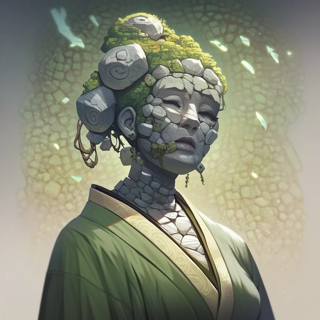score_9, score_8_up, score_7_up, masterpiece, best quality, newest, absurdres, highres, 1girl, EarthelementalIL-V1.0, stone skin, stone, kimono, green kimono,