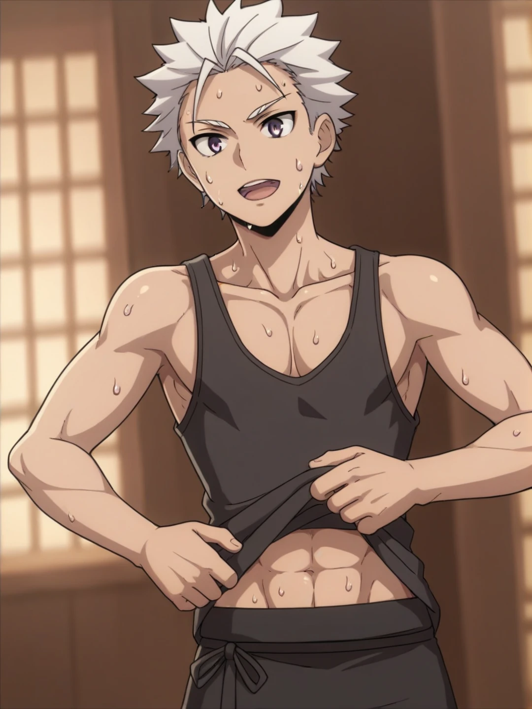 Ultra sharp, Highres, Masterpiece, Best quality at best,Best Quality,hight quality, hight detailed, 1boy, Silver hair, Shota, Transparant shirt, Dark skin, Sweat, Slim body, Upper body, Depth of field, Anime Screencap Style, Seen from front, (Showing armpit:1.3), (very small and short stature), (very young boy), 12-year-old boys, Blurry beckground