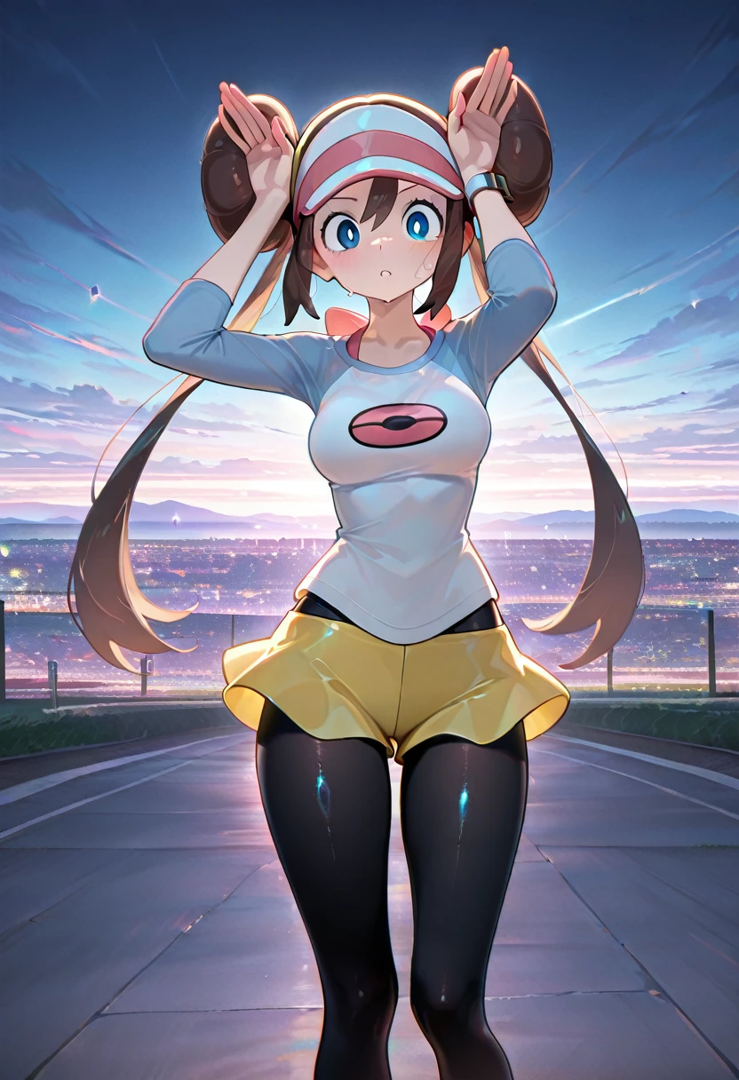 1girl, rosa \(pokemon\), brown hair, hair bun, blue eyes, twintails,
shorts, pantyhose, visor cap, legwear under shorts, raglan sleeves, yellow shorts, black pantyhose, shirt, short shorts,
rabbit pose,
(colorful:0.7), shiny skin,
masterpiece, best quality, amazing quality, very aesthetic, absurdres, newest, scenery, (volumetric lighting:1.1), depth of field <lora:Rabbit_pose:1>