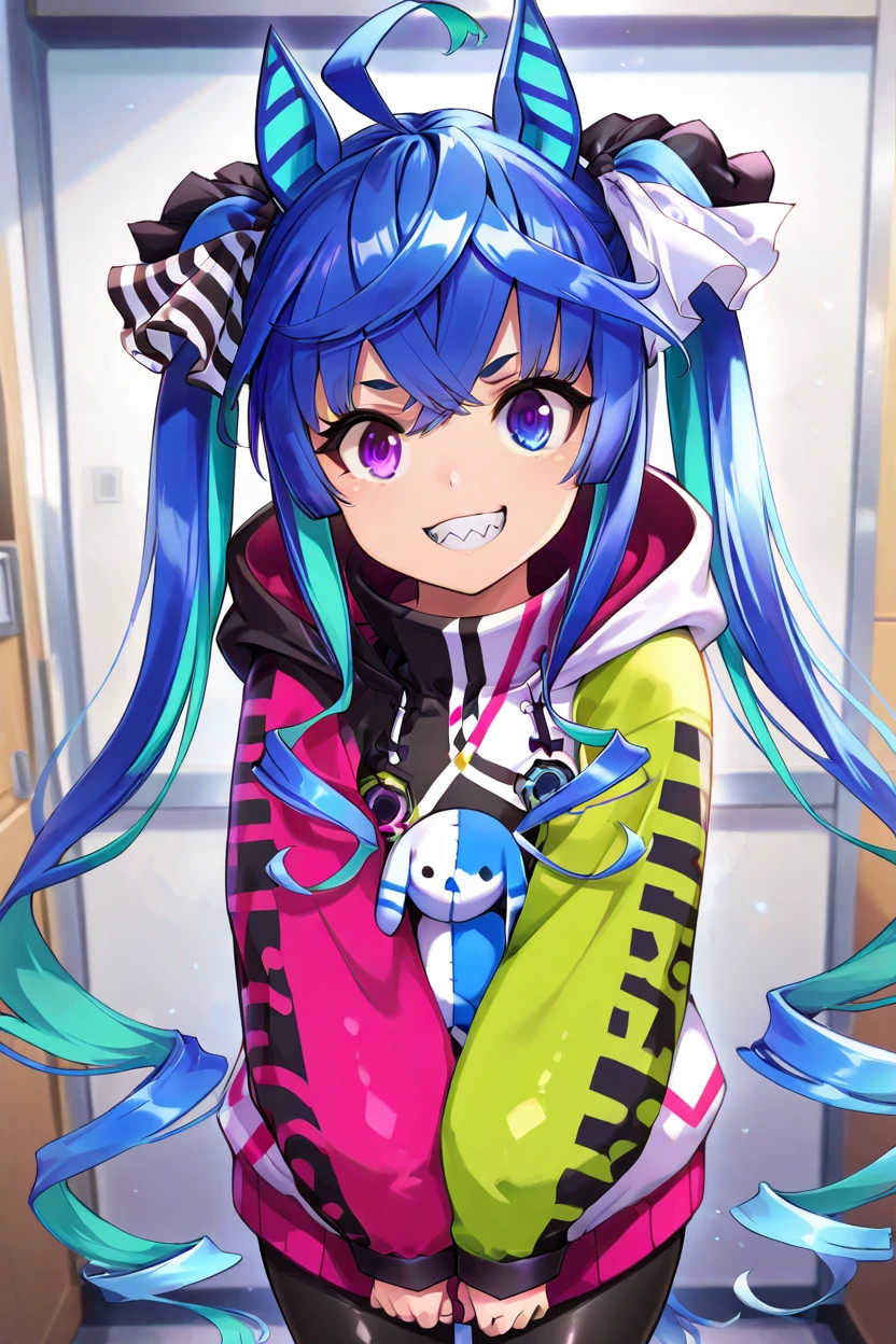masterpiece, best quality, solo, curvy, beautiful eyes, zztwinturbo, aqua hair, twintails, heterochromia, purple eyes, blue eyes, sharp teeth, multicolored hoodie, black leggings, <lora:TwinTurboUmaMusumeIXL:1.0>, upper body, smile, looking at viewer, shiny skin,