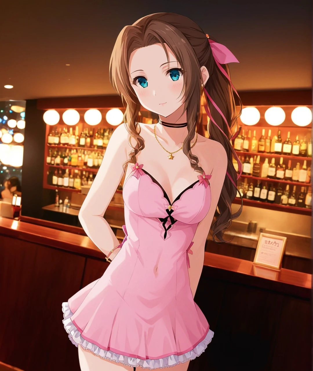 Aerith in harlet neck lock pink mini dress, mid shot, side shot  <lora:Aerith-TestVersion:1>, indoors Restaurant Bar, Tokyo, Japan, Night Time, bokeh