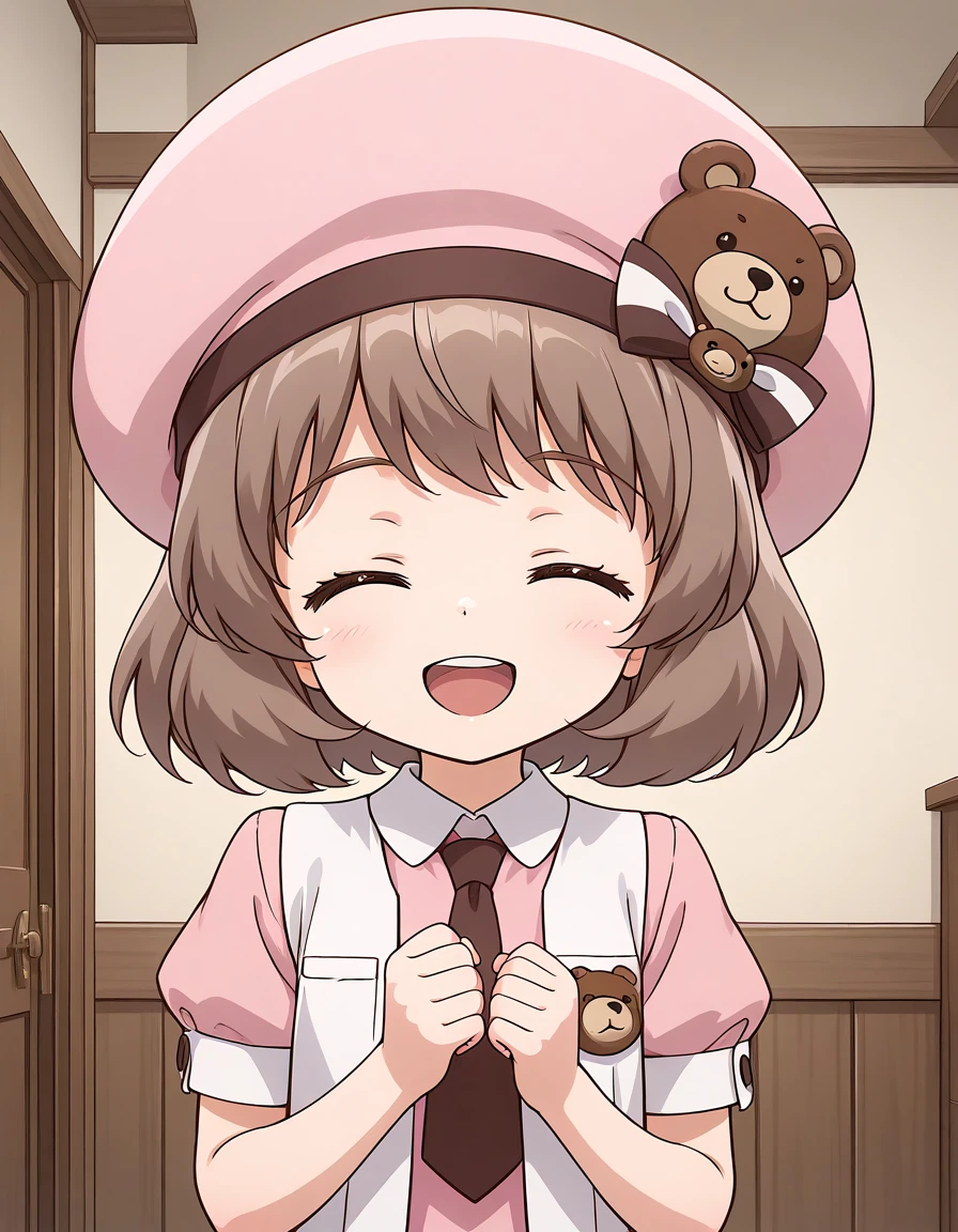 general,highres, ultra-detailed,very aesthetic,best quality ,best hands, BREAK <lora:Amatsuka_Sakura_IS:1>
AmatsukaSakura, 1girl,solo, brown hair, short hair, closed eyes, bangs, hat, 2020s (style), anime coloring, smile, chibi, pink hat, beret, bear patch,
1girl, solo, necktie, smile, open mouth, looking at viewer,
upper body, short sleeves, shirt, :d, pink shirt, vest, teeth, collared shirt, upper teeth only,
room,