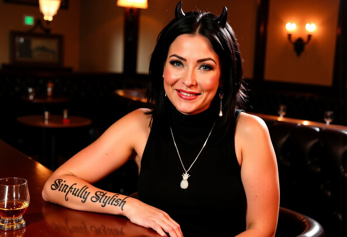 A medium shot photograph at 1:00 AM, showing a curvy 40-year-old woman with black hair and piercing blue eyes at an elegant cocktail bar that has hardwood floors, she is a little overweight and voluptuous, sleek furniture, the light comes from low fixtures casting long sensual shadows. There is a glass of scotch on the table in front of her. She is a beautiful woman with mature features, like wrinkles, freckles and moles are emphasized under warm lighting. She has a confident, flirty, expectant smile. She has a tattoo written on her arm that clearly says "Sinfully Stylish". She is wearing devil horns. She is wearing a modest black turtleneck with a silver necklace and an (upside-down pineapple pendant). She has small sized breasts that are very saggy and are covered by the dress, there is a light haze of cigarette smoke in the air. aidmatextimprover