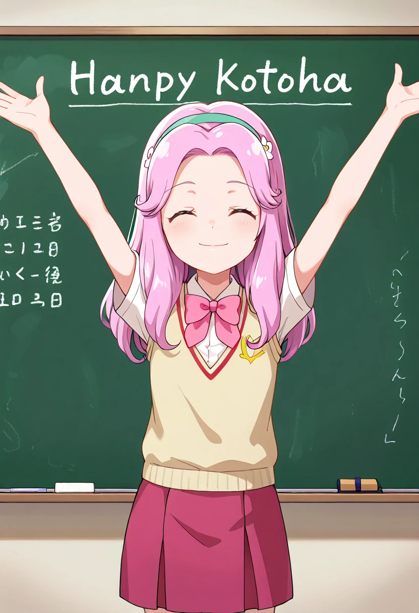 masterpiece, best quality, absurdres, very aesthetic, general,
hanami kotoha, jhschl uniform, 1girl, solo, pink hair, school uniform, closed eyes, chalkboard, smile, arms up, long hair, classroom, sweater vest, outstretched arms, indoors, pleated skirt, standing, short sleeves, cowboy shot, red skirt, hair flower, pink neckwear, closed mouth, pink skirt, \o/, ^ ^, school, happy, chalk, miniskirt, pink bow, white shirt, facing viewer, flat chest, spread arms, ribbon, pink bowtie, green hairband, collared shirt, light smile, short hair, character name,
<lora:cure_felice_hanami_kotoha_illustXL_locon_v1:0.7>