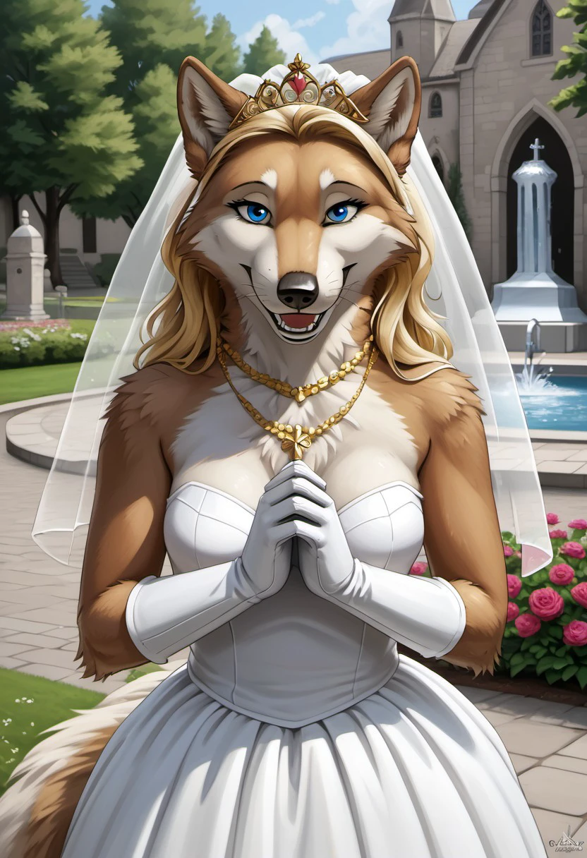 female wolf, artic wolf, voluptuous figure, tufted fur, tufted ears, cheast tuft, fluffy canine tail, detailed fur, detailed body, detailed face, open smile, long blonde hair, canine teeth, white and golden fur, blue eyes, golden tiara, whiskers, small breasts, solo, seductive look, medieval church, royal wedding dress, wedding veil, golden necklace, white gloves, praying, outside, garden, flowers, water fountain,