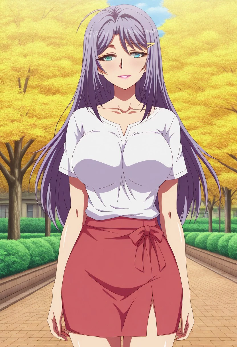 very_aesthetic, best_quality ,high_resolusion,ultra detailed,easynegative,EasyNegativeV2,anime screencap,
standing, straight-on, smile,parted lips,outdoor, cowboy shot,shirt,skirt,
Oneesan,purple hair, aqua eyes, long_hair, hair clip, large_breasts, lipstick,