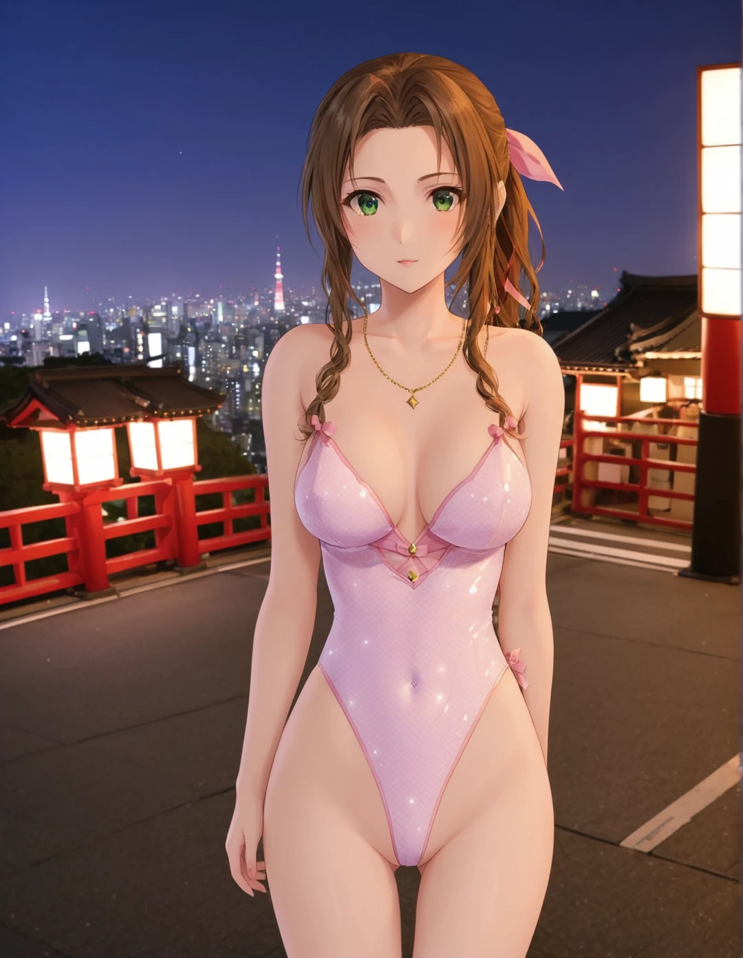 Aerith in diamond bodysuit, front shot, perfect body, standing outside, Japan, Tokyo Night,  <lora:Aerith-TestVersion:1>