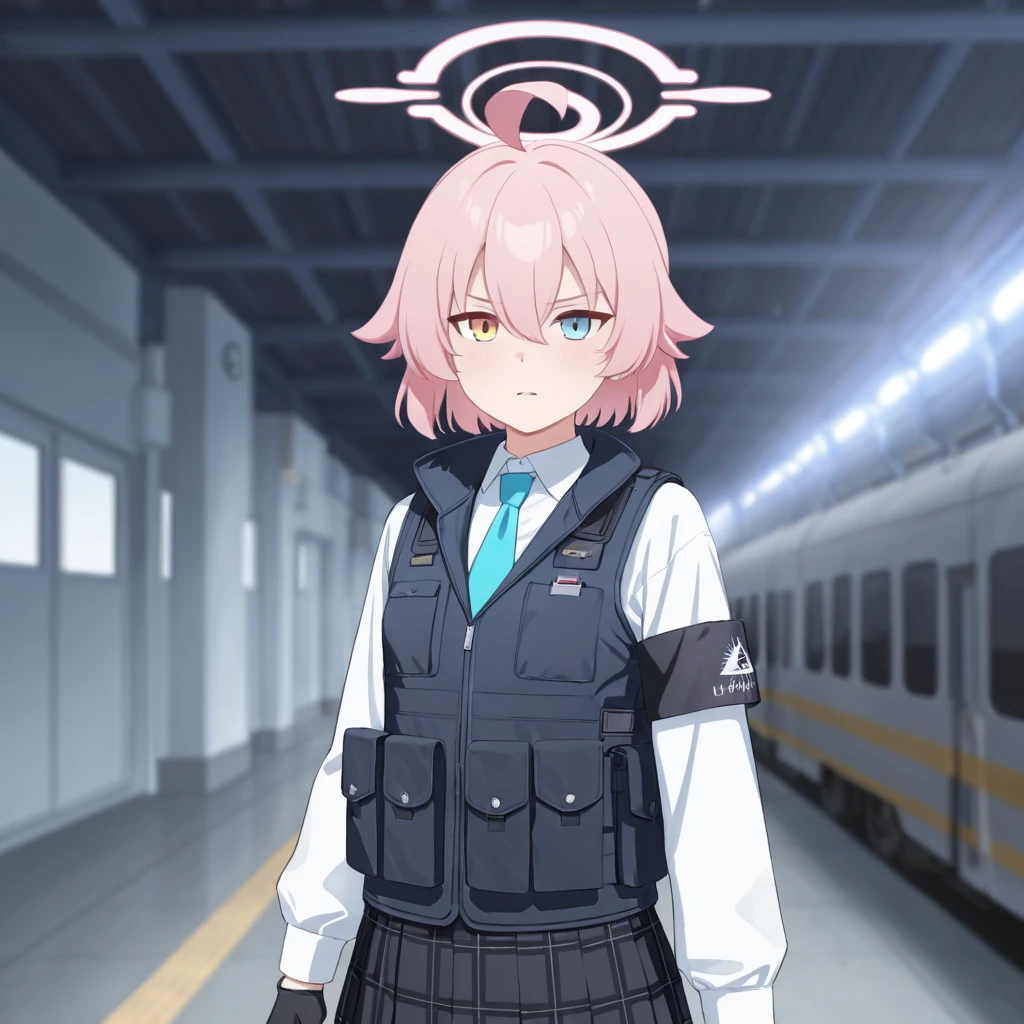 masterpiece, best quality, amazing quality, very aesthetic, high resolution, ultra-detailed, absurdres, newest, scenery, {Prompt}, BREAK, depth of field, masterpiece, best quality, amazing quality, very aesthetic, high resolution, ultra-detailed, absurdres, newest, scenery, volumetric lighting, takanashi_hoshino/(BA/),pink halo,1girl,pink_hair,short_hair,hair_between_eyes,halo,blue_eyes,yellow_eyes,heterochromia,armband,fingerless_gloves,long_sleeves,necktie,shirt,bulletproof_vest,skirt,small_breasts