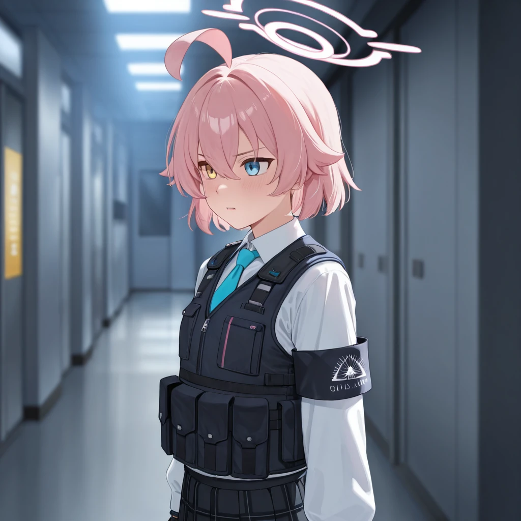masterpiece, best quality, amazing quality, very aesthetic, high resolution, ultra-detailed, absurdres, newest, scenery, {Prompt}, BREAK, depth of field, masterpiece, best quality, amazing quality, very aesthetic, high resolution, ultra-detailed, absurdres, newest, scenery, volumetric lighting, takanashi_hoshino/(BA/),pink halo,1girl,pink_hair,short_hair,hair_between_eyes,halo,blue_eyes,yellow_eyes,heterochromia,armband,fingerless_gloves,long_sleeves,necktie,shirt,bulletproof_vest,skirt,small_breasts